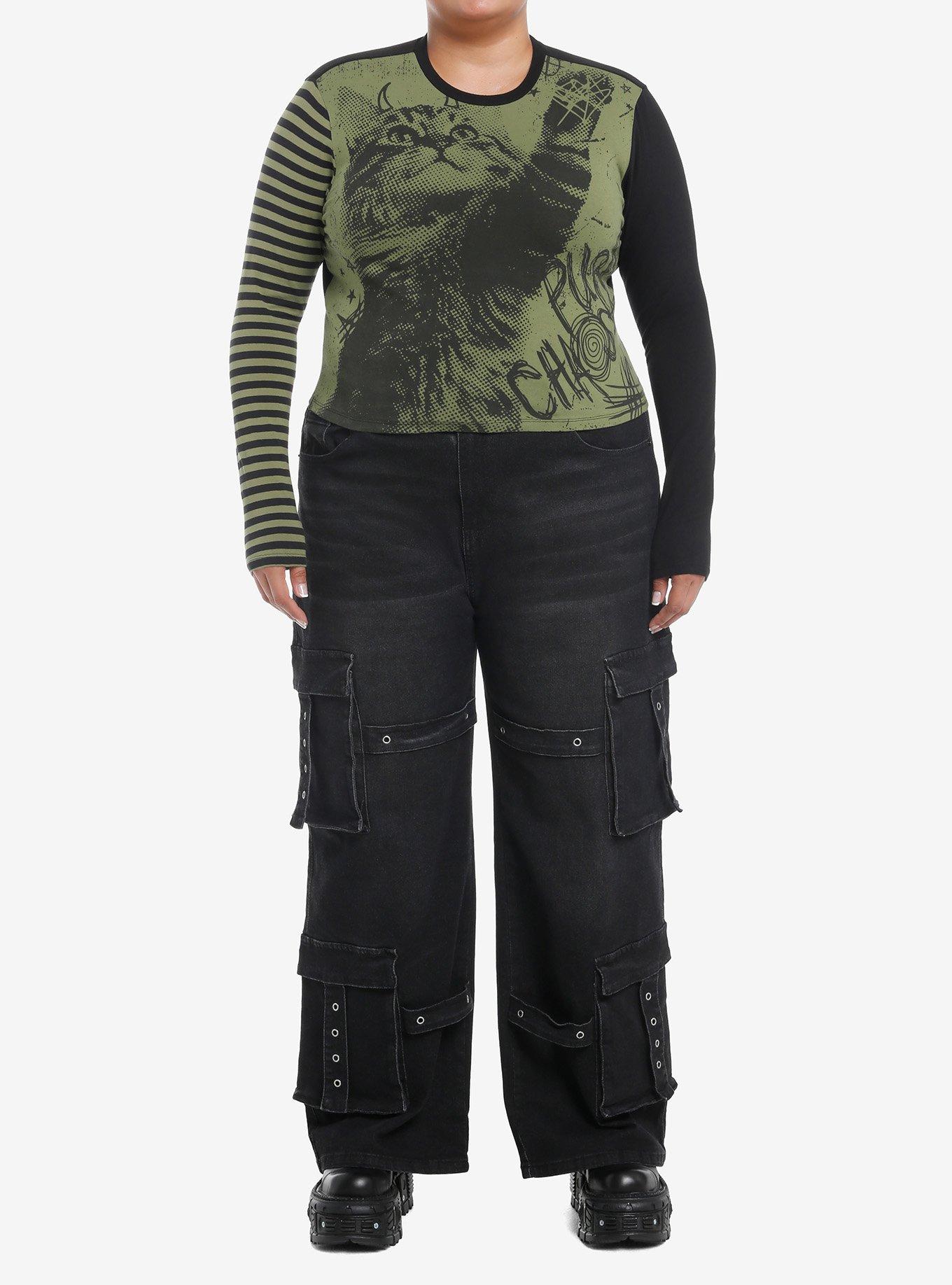Social Collision Black & Green Grunge Cat Girls Long-Sleeve Top Plus Size, , hi-res