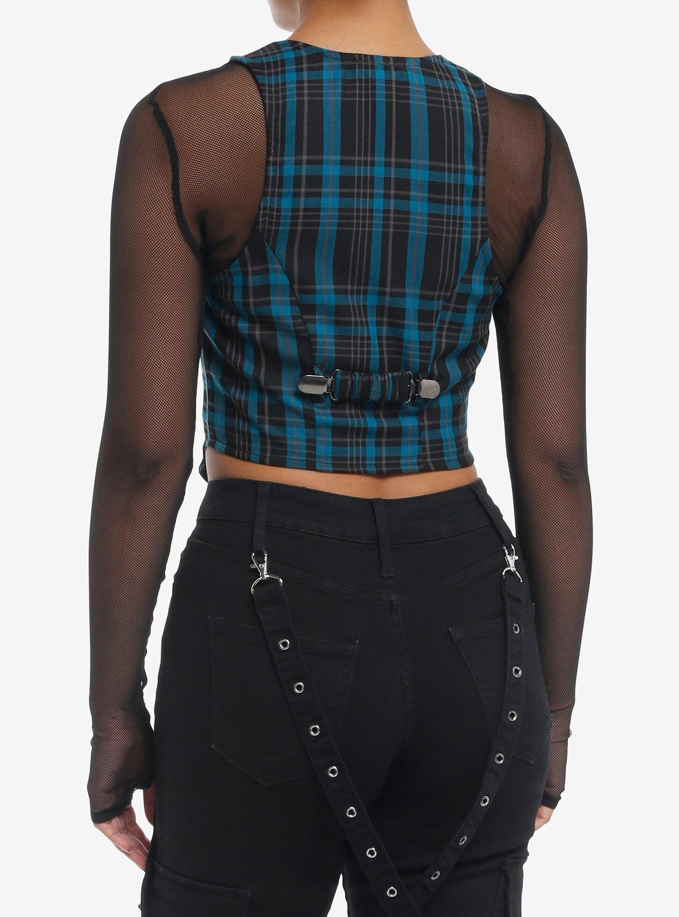 Social Collision Blue Plaid Vest Girls Twofer Long-Sleeve Top, BLACK, alternate