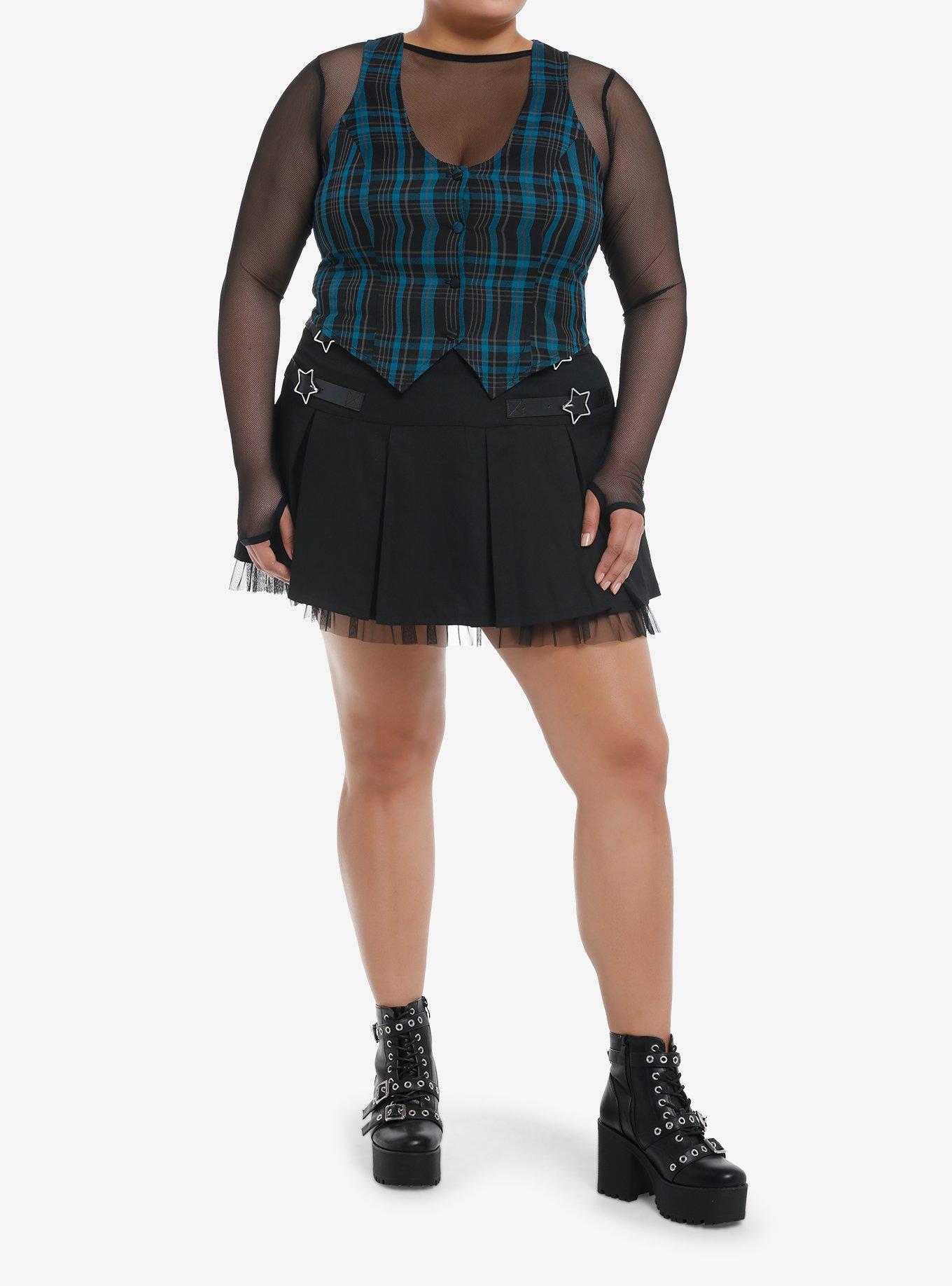 Social Collision Blue Plaid Vest Mesh Girls Long-Sleeve Twofer Plus Size, BLACK, alternate