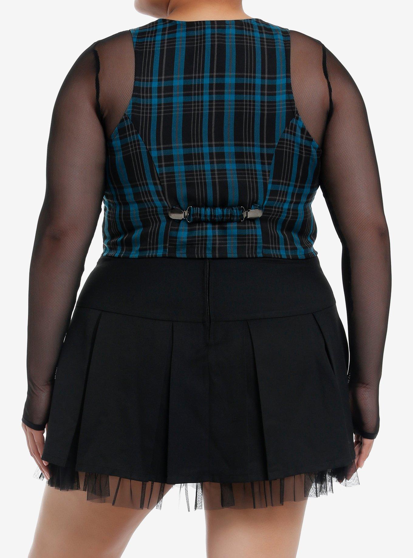 Social Collision Blue Plaid Vest Mesh Girls Long-Sleeve Twofer Plus Size, BLACK, alternate