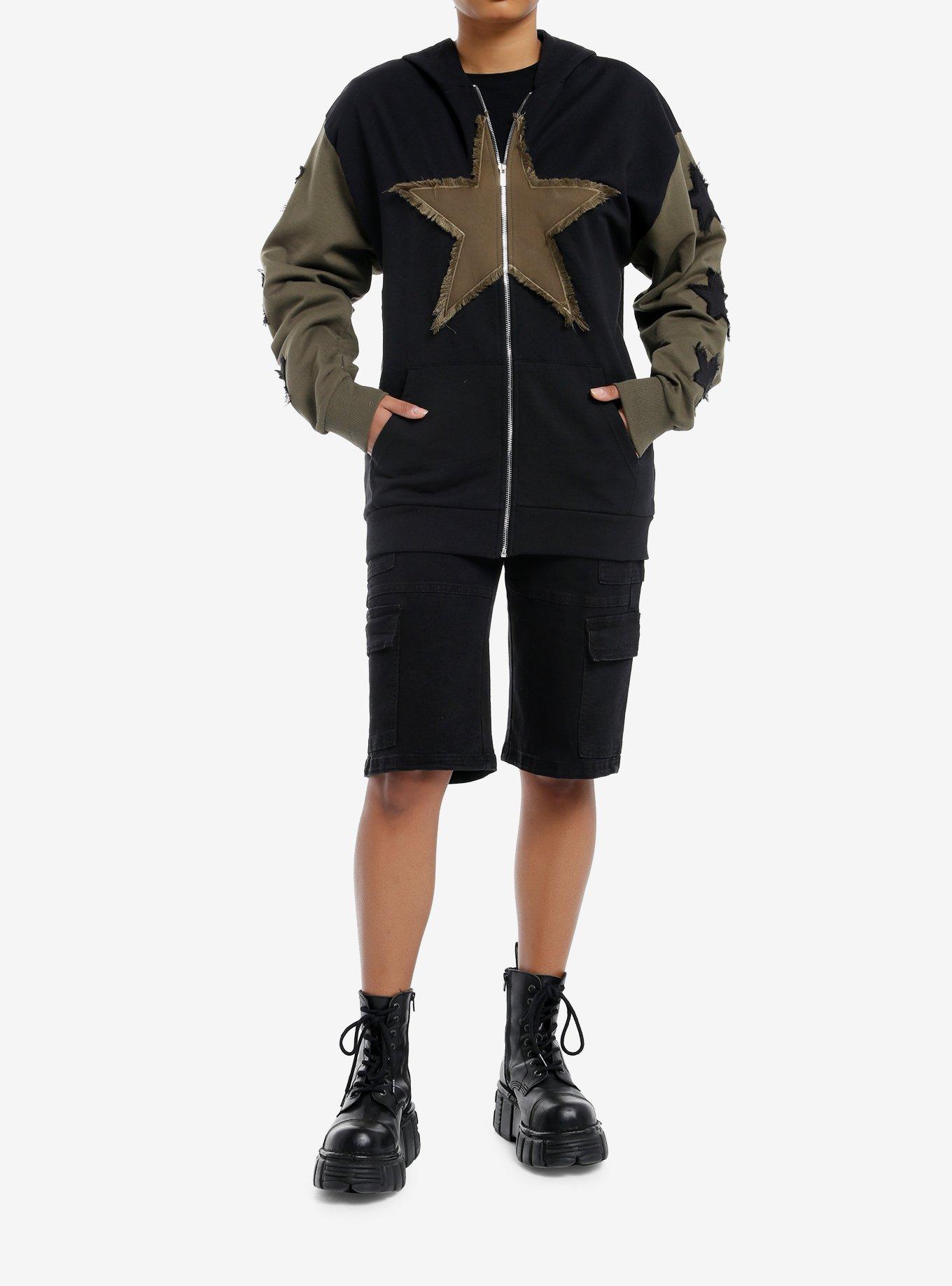 Black & Olive Green Frayed Stars Girls Hoodie, , hi-res