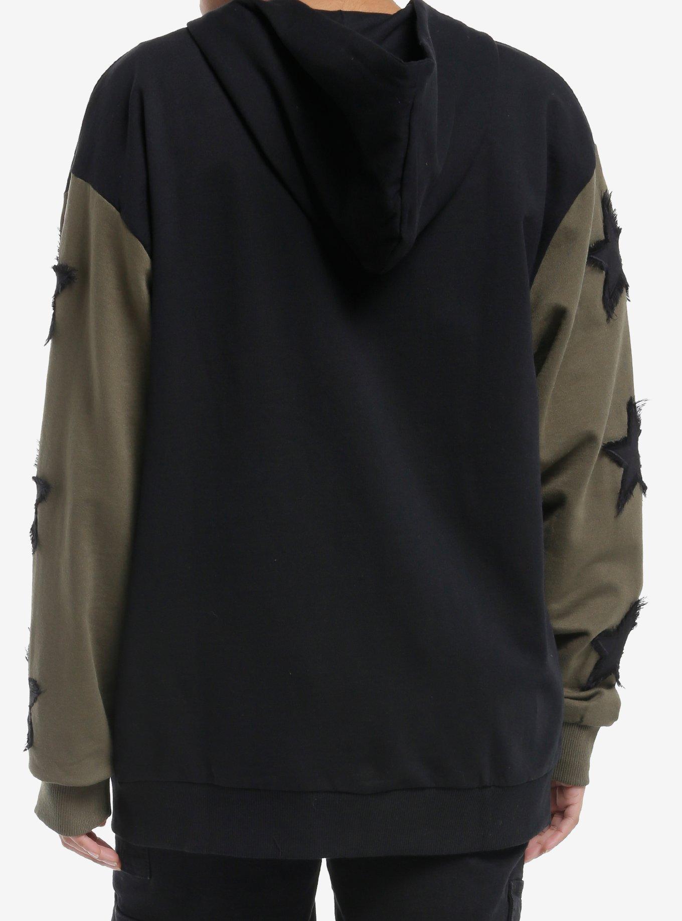 Black & Olive Green Frayed Stars Girls Hoodie, GREEN, alternate