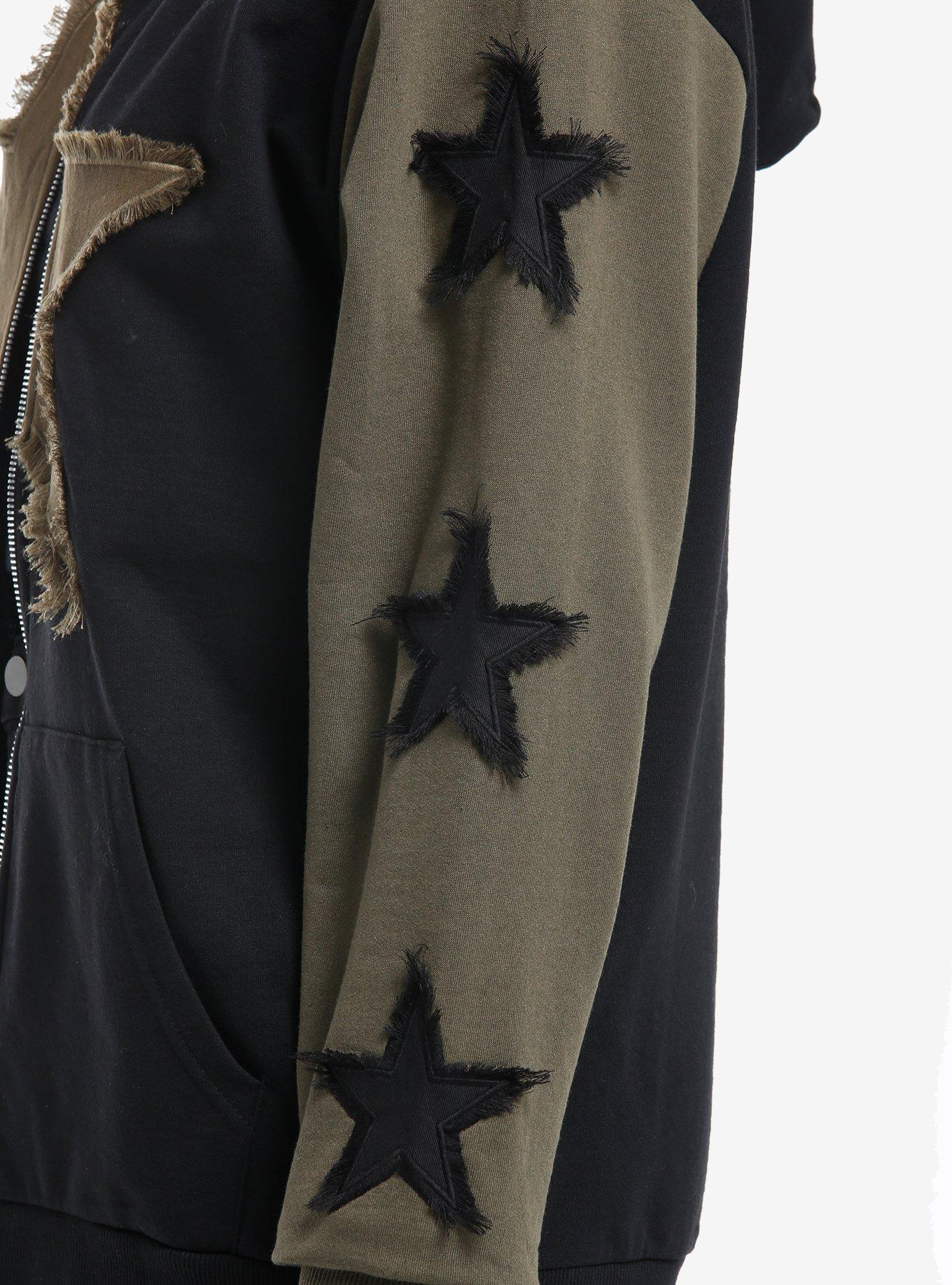 Black & Olive Green Frayed Stars Girls Hoodie, GREEN, alternate