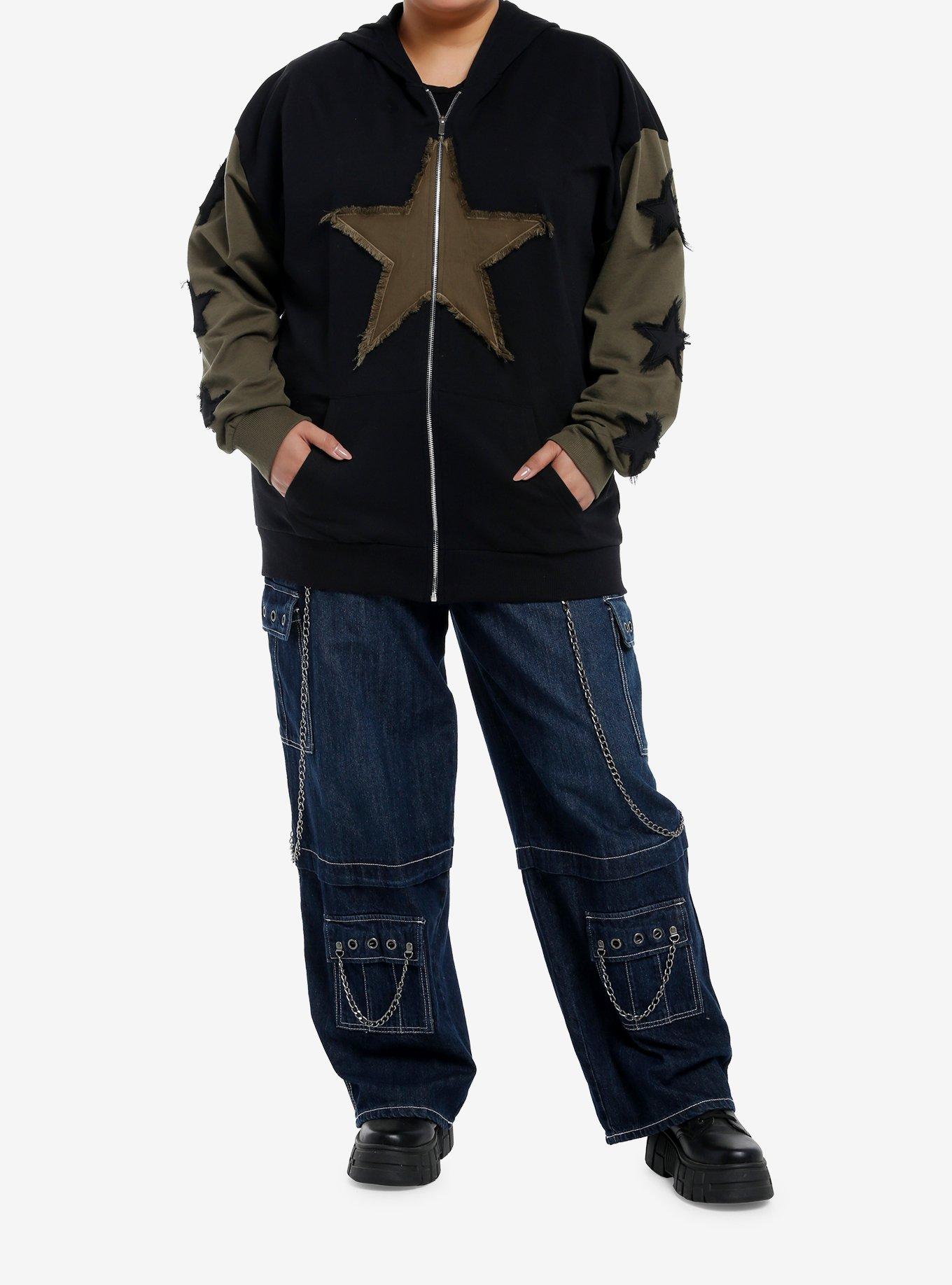 Black & Olive Green Frayed Stars Girls Hoodie Plus Size, , hi-res