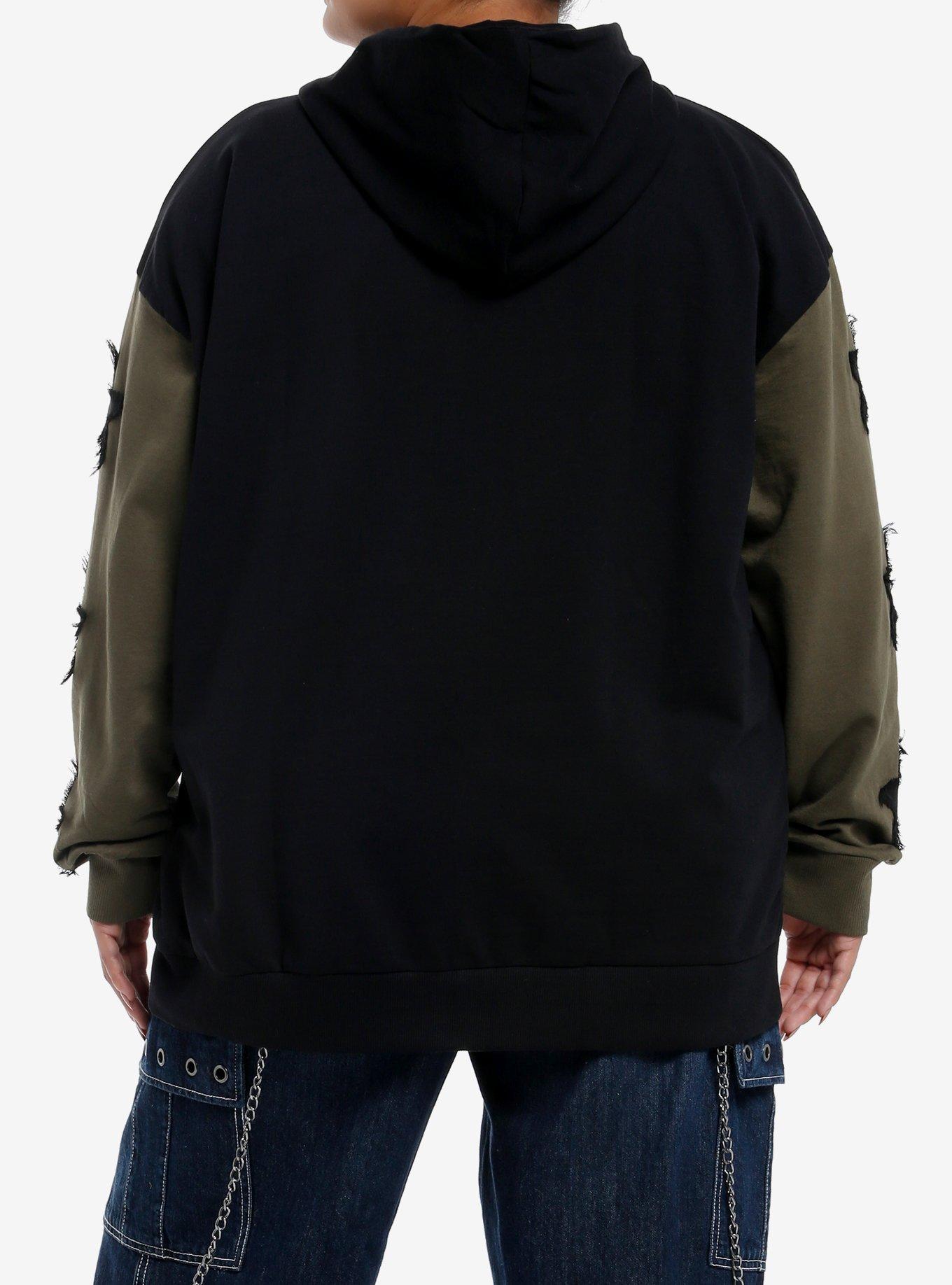 Black & Olive Green Frayed Stars Girls Hoodie Plus Size, GREEN, alternate