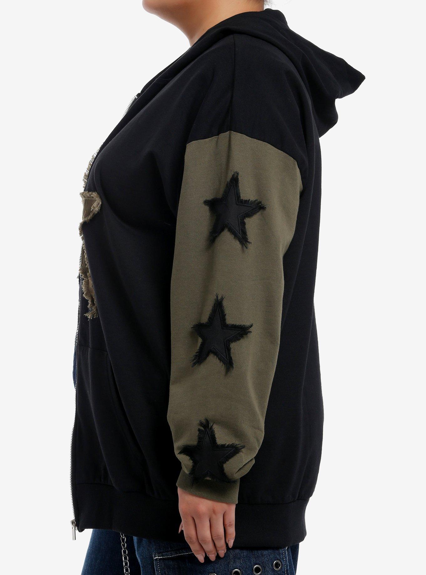 Black & Olive Green Frayed Stars Girls Hoodie Plus Size, GREEN, alternate