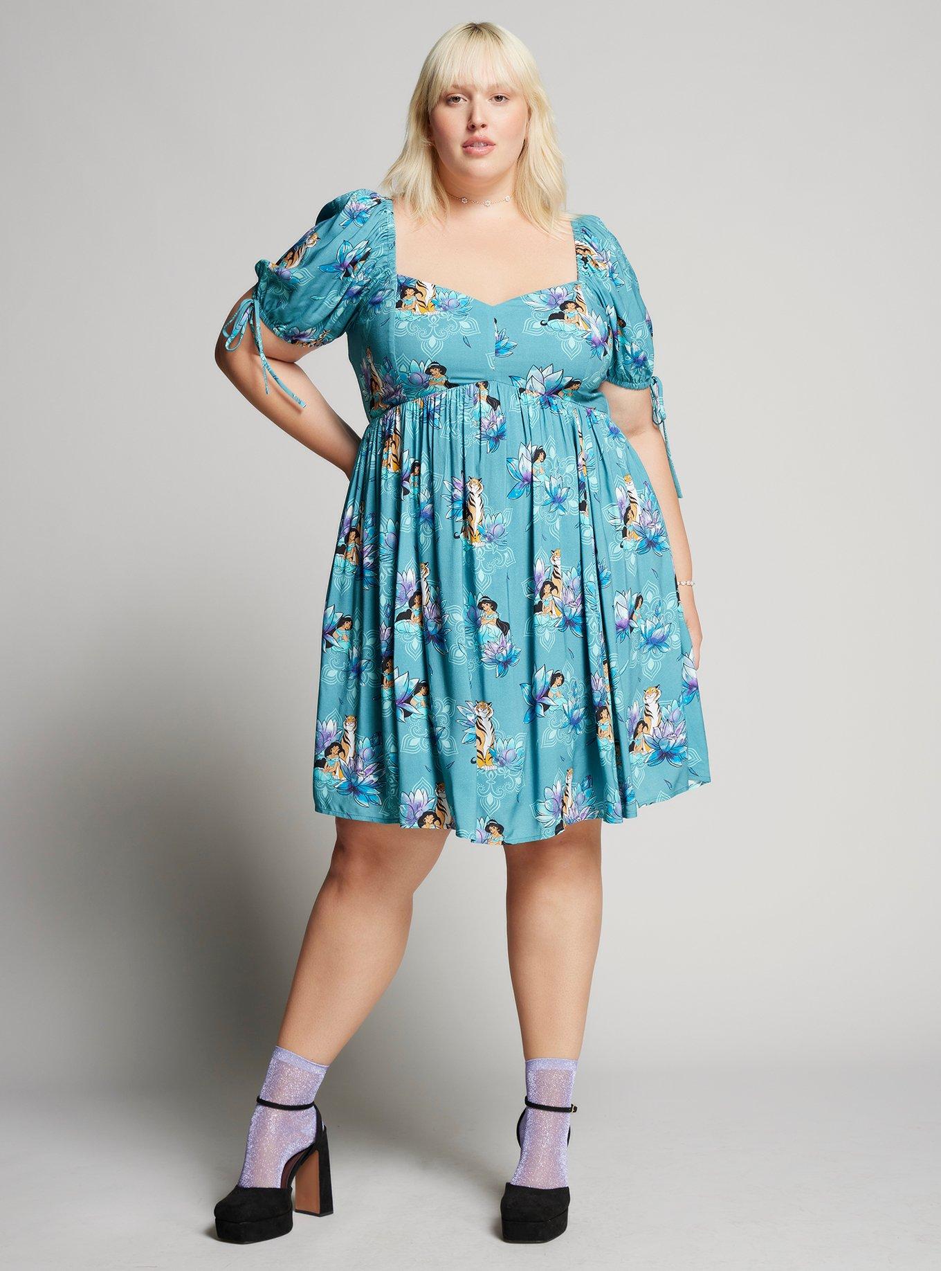 Disney Aladdin Jasmine Floral Allover Print Plus Size Midi Dress - BoxLunch Exclusive, AQUA, alternate