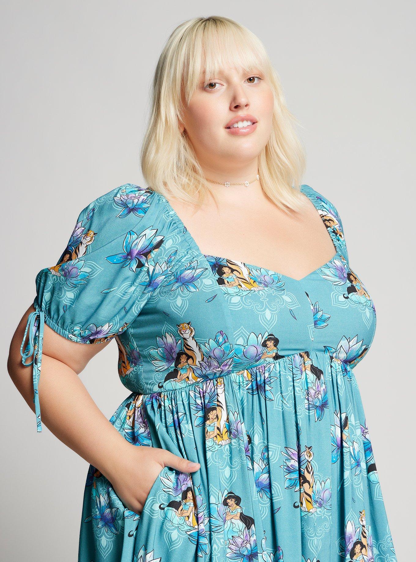 Disney Aladdin Jasmine Floral Allover Print Plus Size Midi Dress - BoxLunch Exclusive, AQUA, alternate