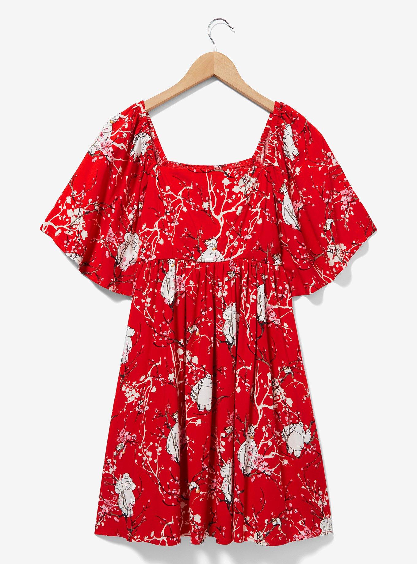 Disney Big Hero 6 Baymax Floral Allover Print Empire Waist Dress - BoxLunch Exclusive, CHERRY, alternate