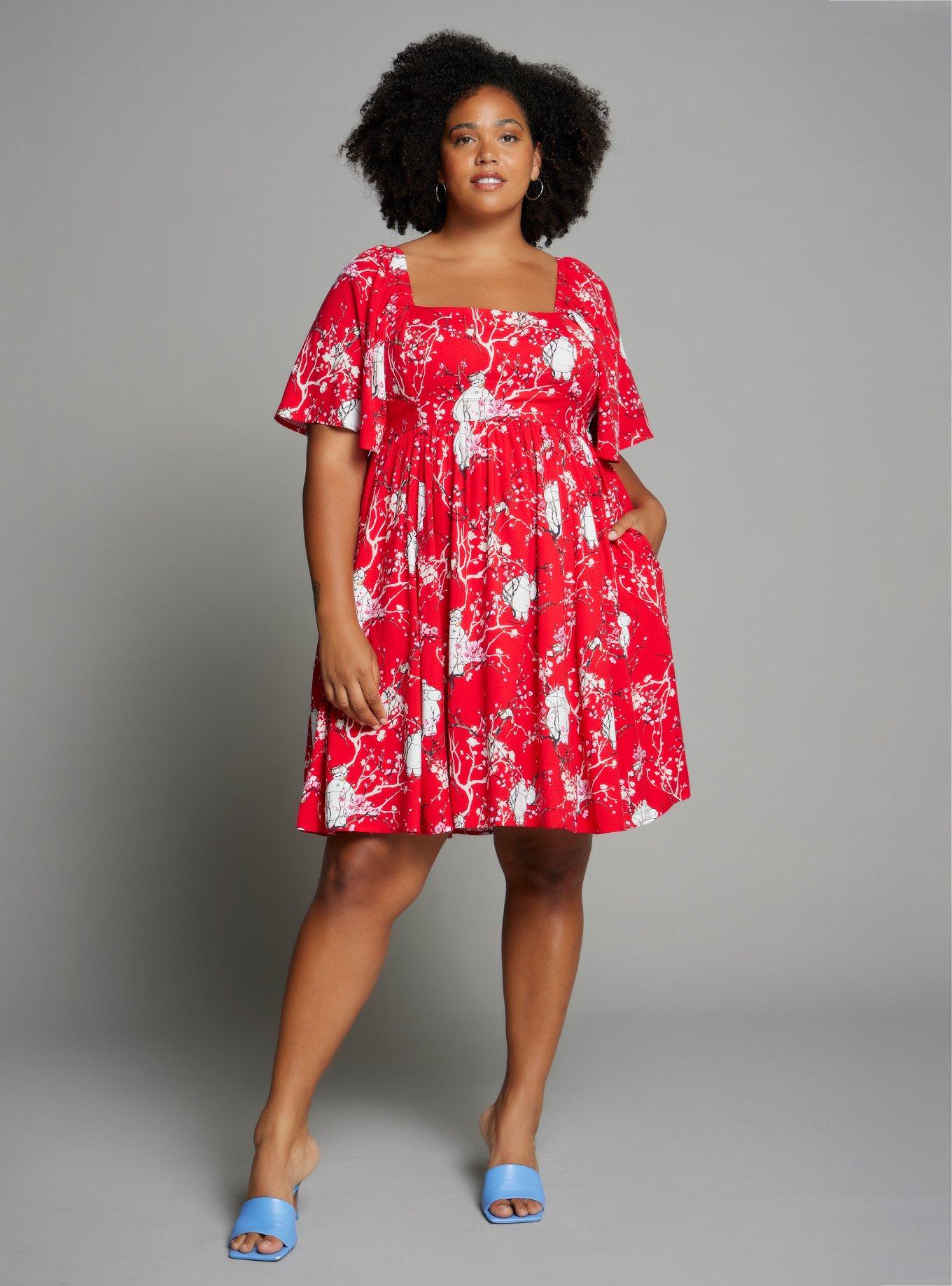 Disney Big Hero 6 Baymax Floral Allover Print Plus Size Empire Waist Dress - BoxLunch Exclusive, CHERRY, alternate