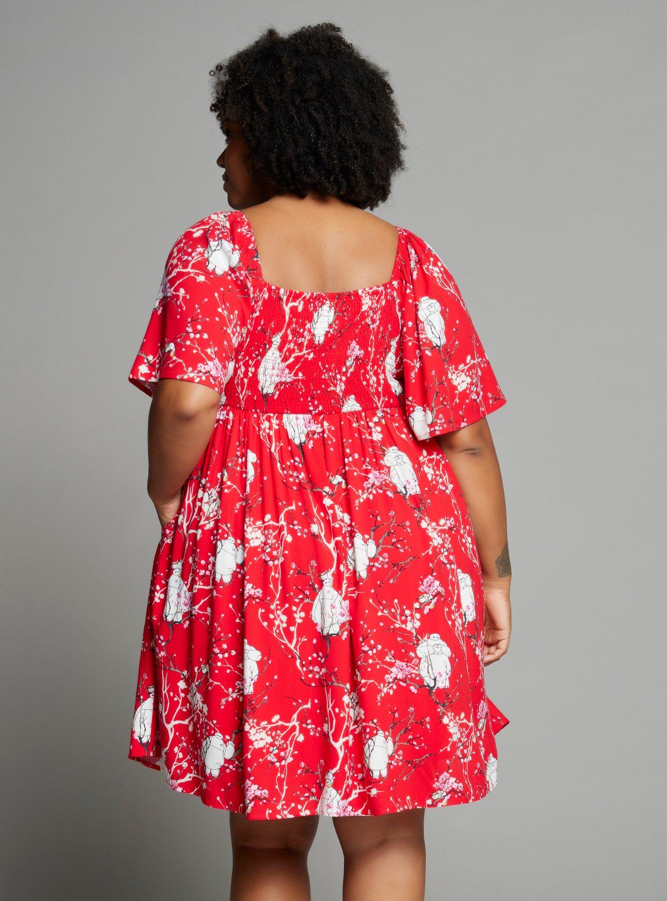 Disney Big Hero 6 Baymax Floral Allover Print Plus Size Empire Waist Dress - BoxLunch Exclusive, CHERRY, alternate