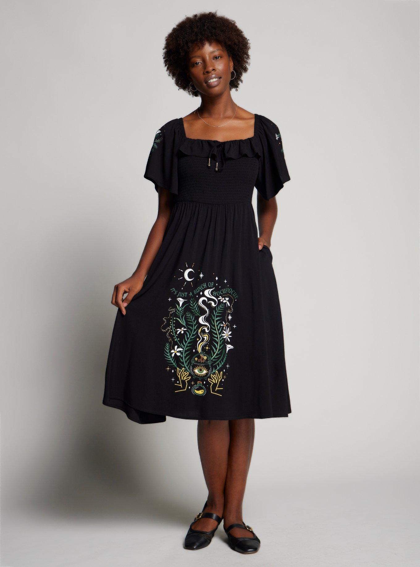 Disney Hocus Pocus Floral Icons Smock Midi Dress &mdash; BoxLunch Exclusive, BLACK, alternate