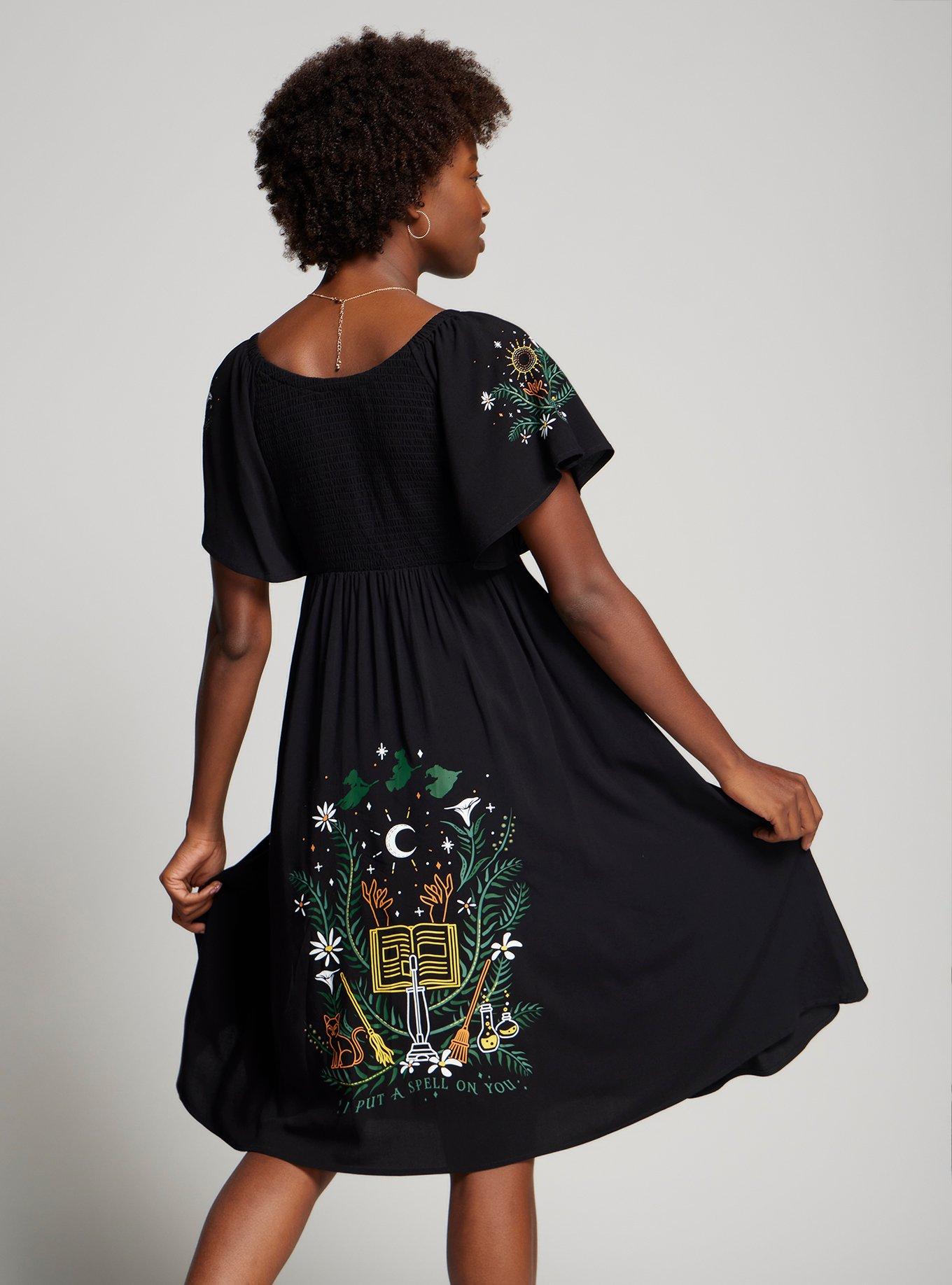 Disney Hocus Pocus Floral Icons Smock Midi Dress &mdash; BoxLunch Exclusive, BLACK, alternate