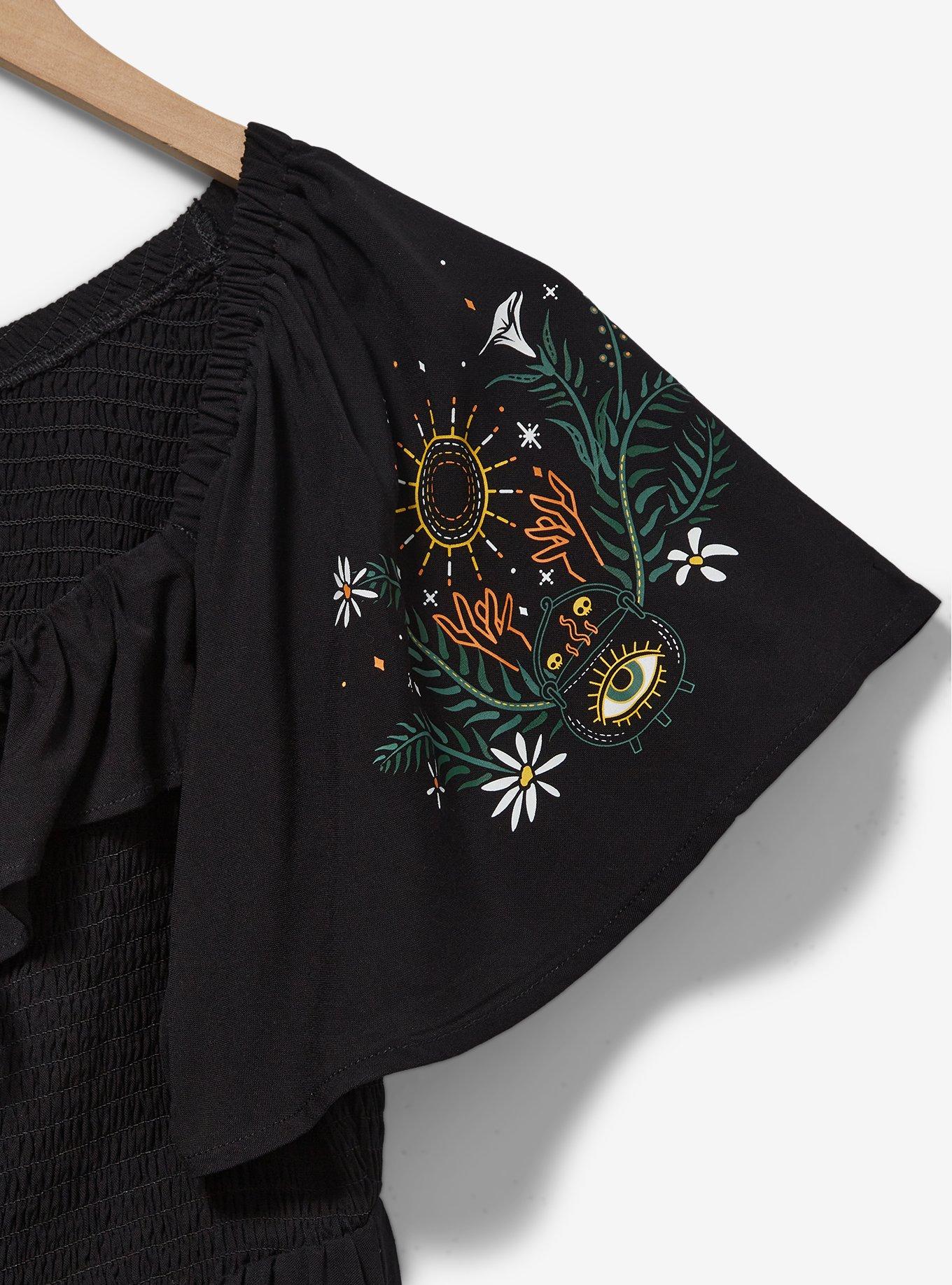 Disney Hocus Pocus Floral Icons Smock Midi Dress &mdash; BoxLunch Exclusive, BLACK, alternate