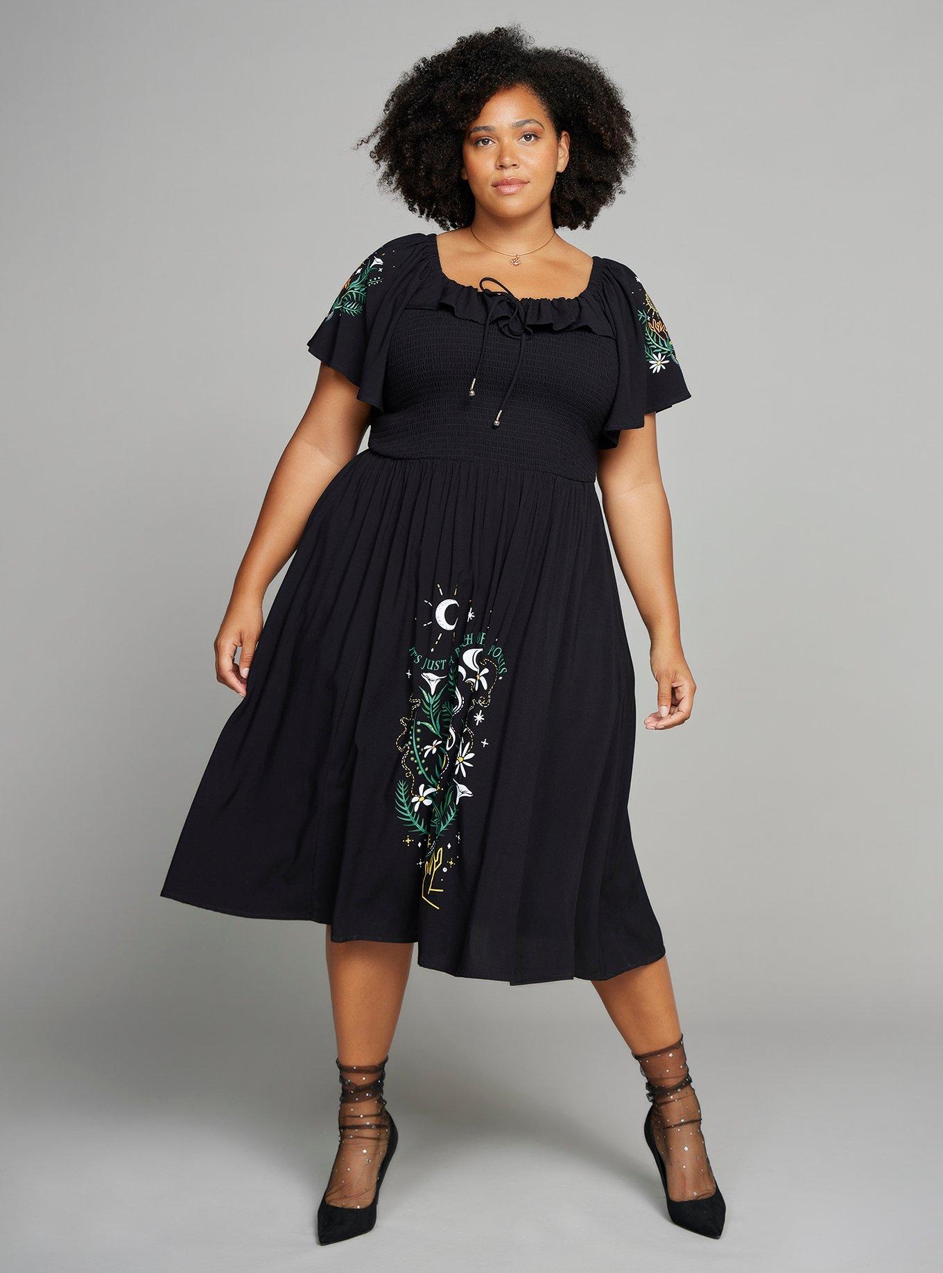 Disney Hocus Pocus Floral Icons Plus Size Smock Midi Dress &mdash; BoxLunch Exclusive, BLACK, alternate