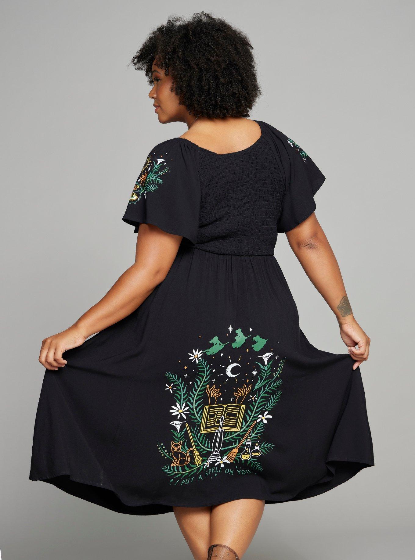 Disney Hocus Pocus Floral Icons Plus Size Smock Midi Dress &mdash; BoxLunch Exclusive, BLACK, alternate