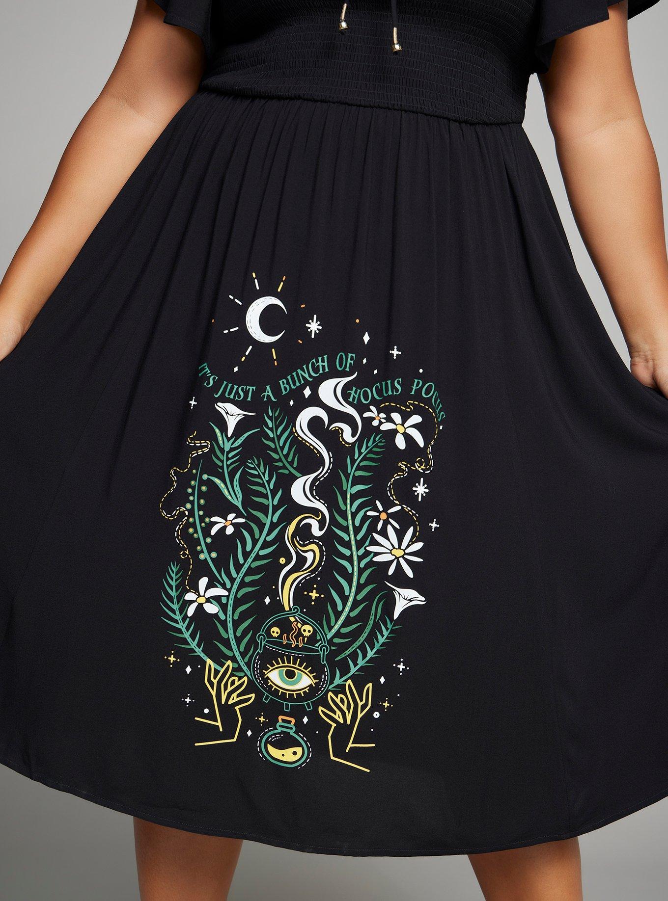Disney Hocus Pocus Floral Icons Plus Size Smock Midi Dress &mdash; BoxLunch Exclusive, BLACK, alternate