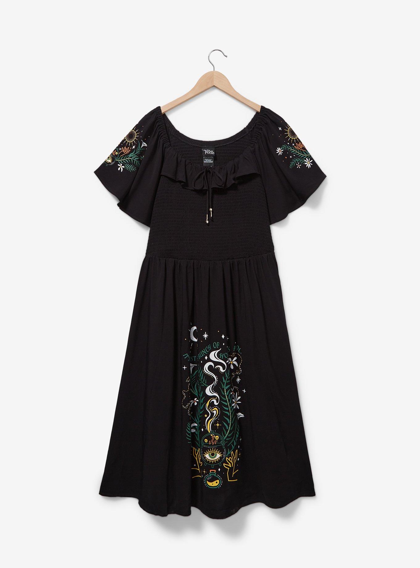 Disney Hocus Pocus Floral Icons Plus Size Smock Midi Dress &mdash; BoxLunch Exclusive, BLACK, alternate
