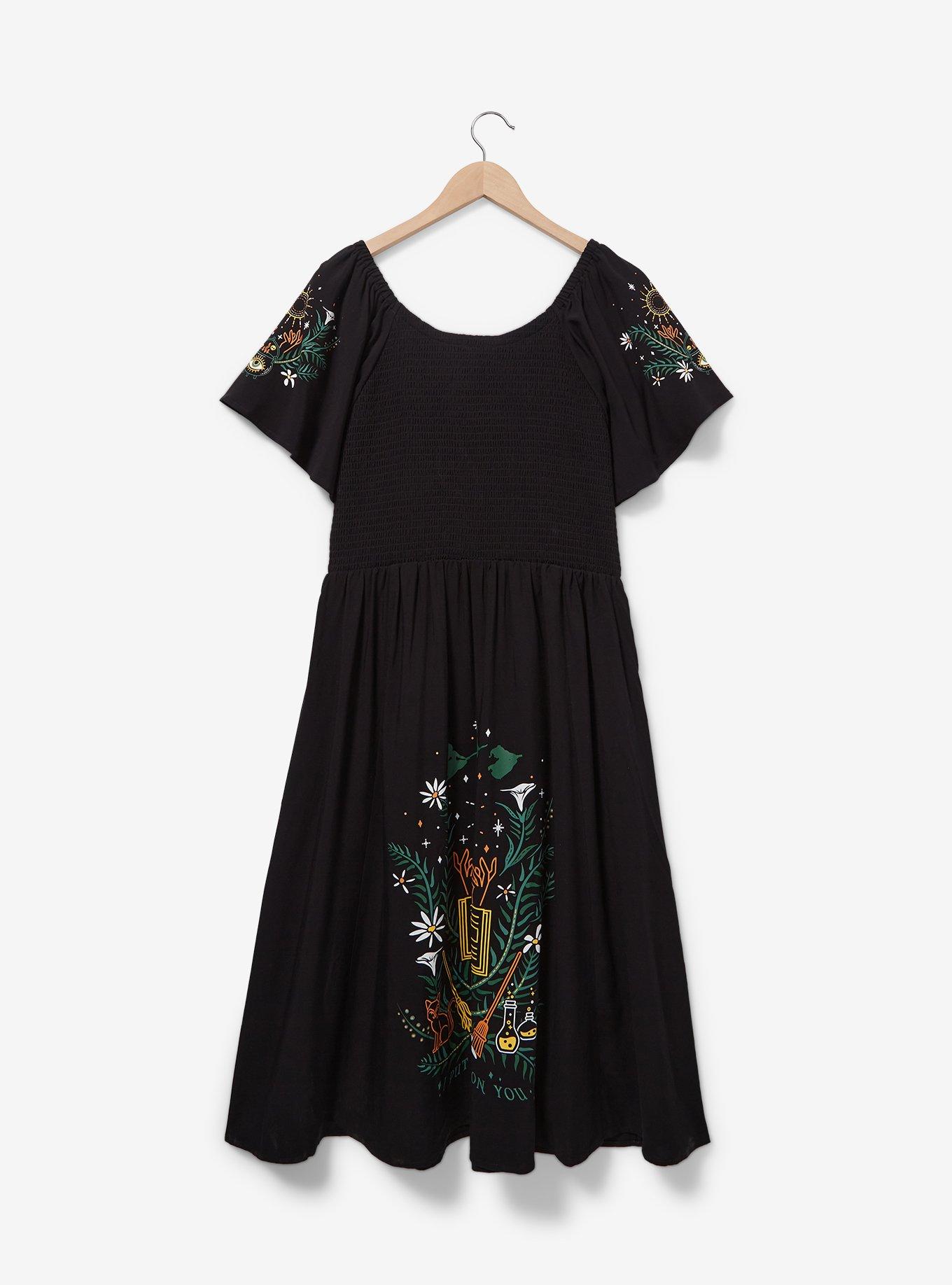 Disney Hocus Pocus Floral Icons Plus Size Smock Midi Dress &mdash; BoxLunch Exclusive, BLACK, alternate