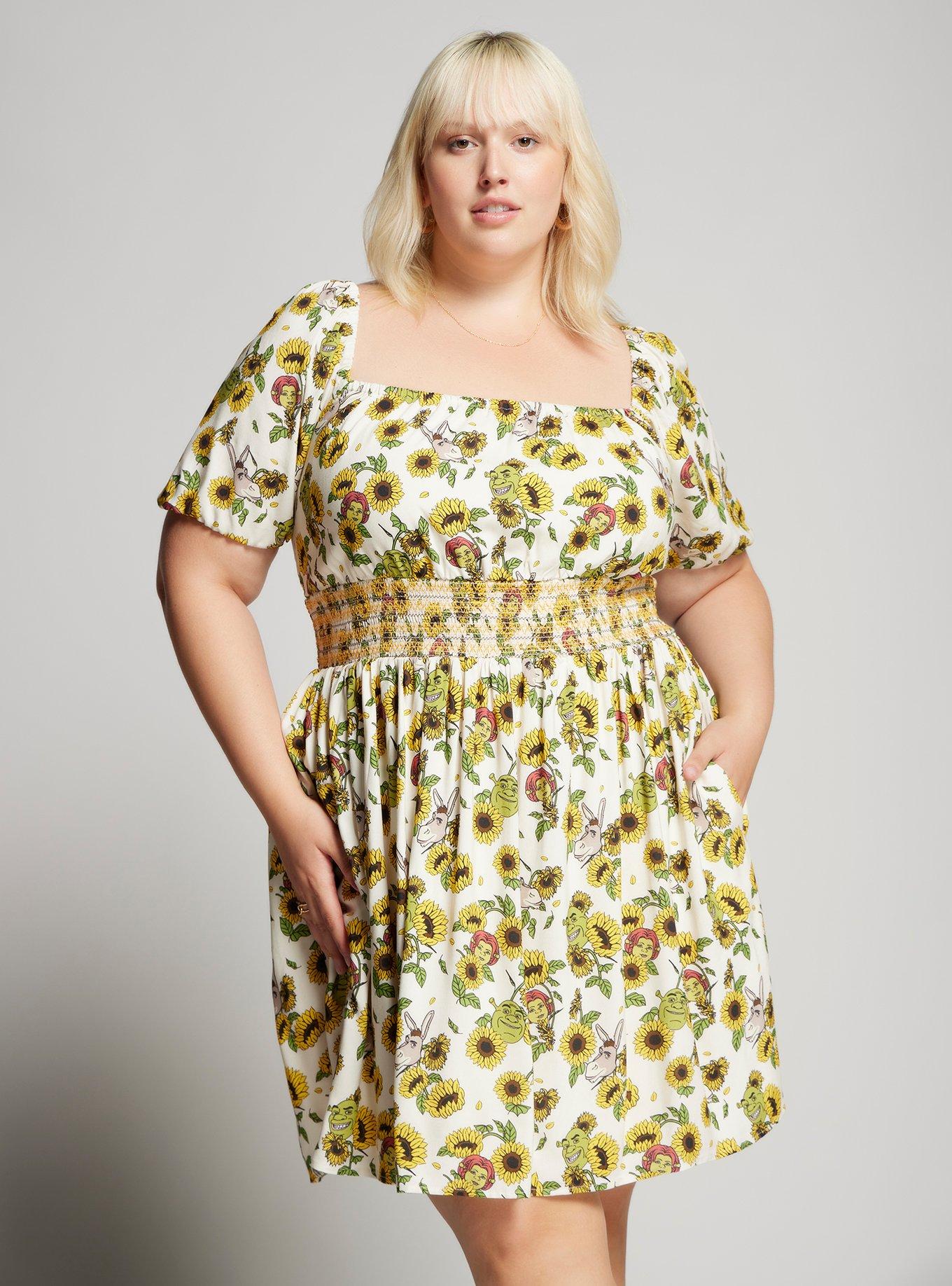 DreamWorks Shrek Sunflower Allover Print Plus Size Smock Dress — BoxLunch Exclusive, , hi-res