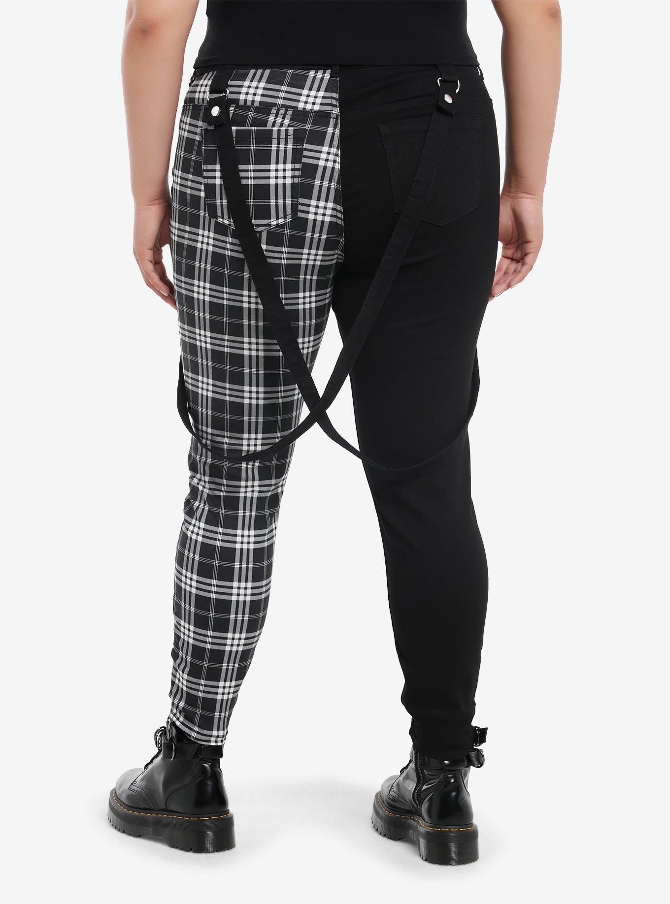 Black & White Plaid Split Suspender Hi-Rise Skinny Jeans Plus Size, , hi-res