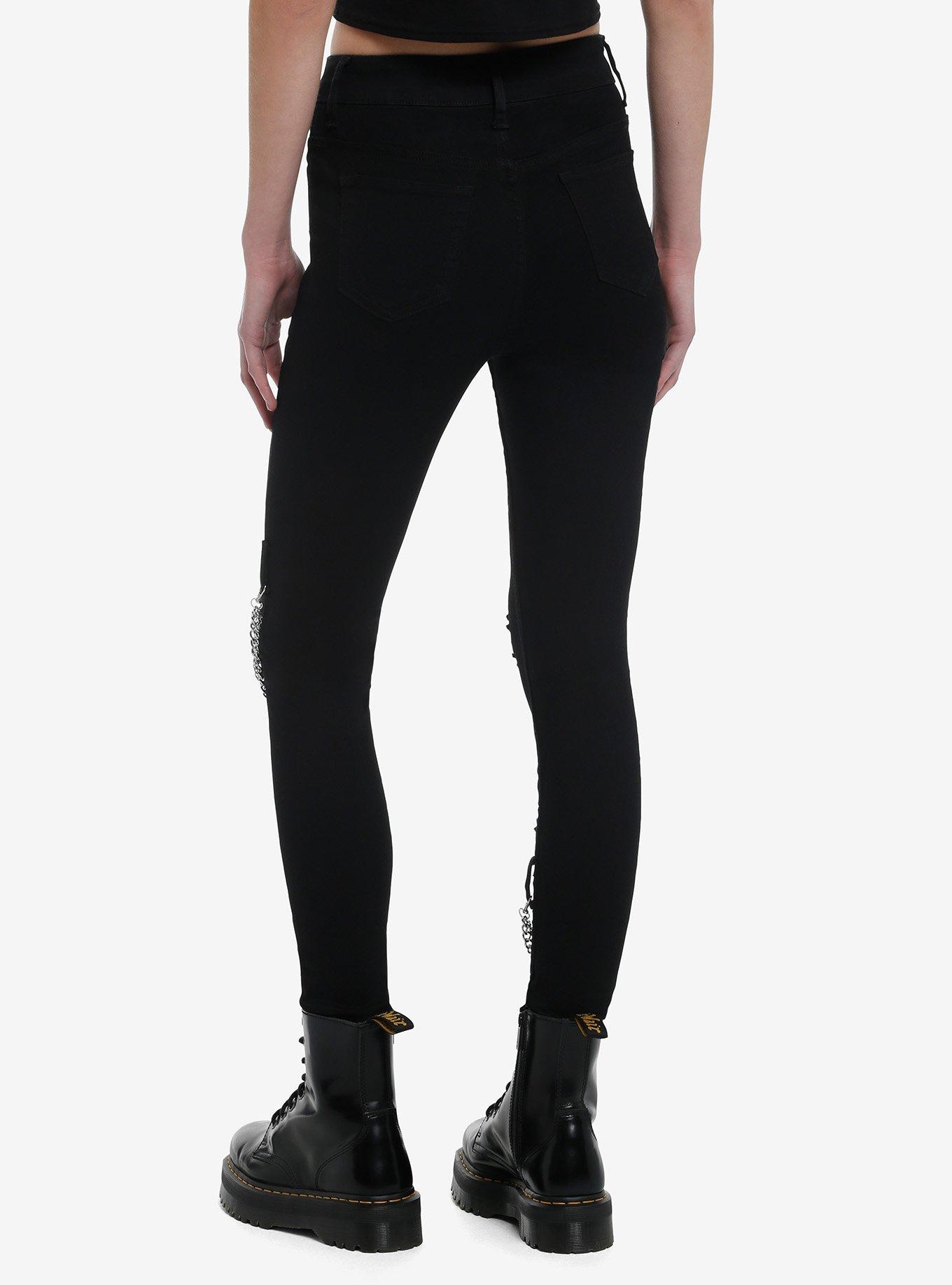 Black Zipper Chain Destructed Super Skinny Jeans, BLACK, alternate