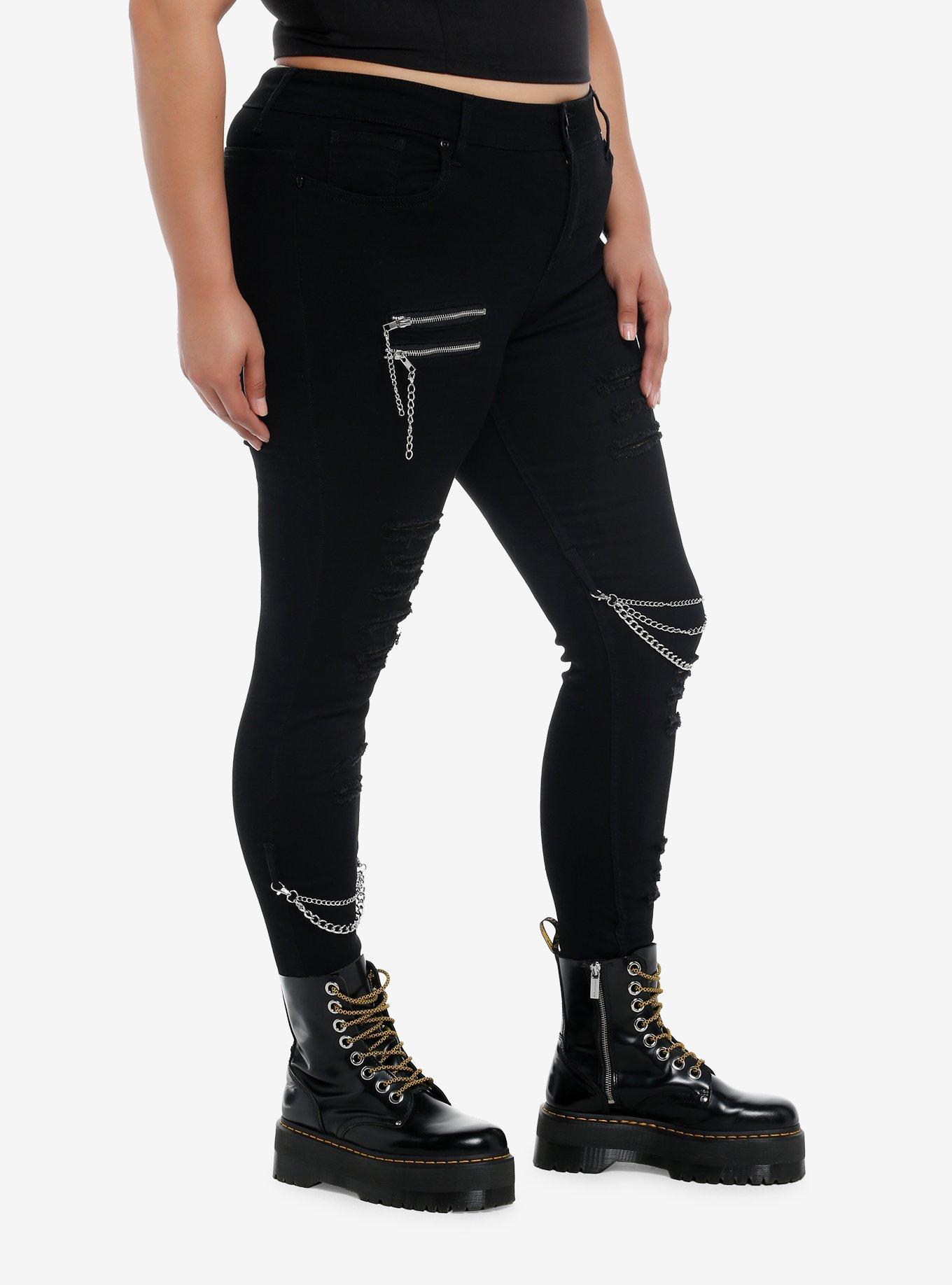 Black Zipper Chain Destructed Super Skinny Jeans Plus Size, BLACK, alternate