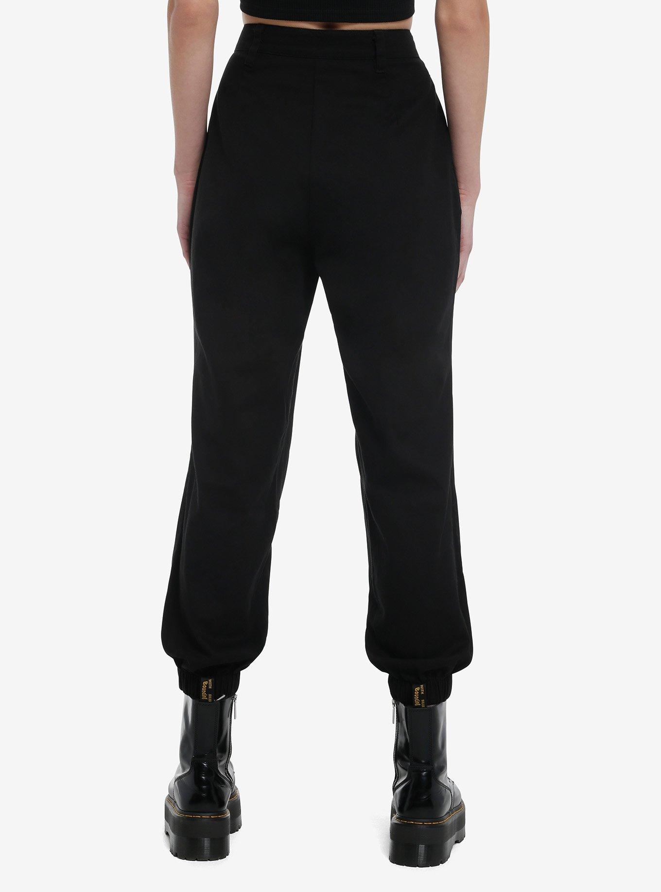Black Zipper Grommet Cargo Jogger Pants, BLACK, alternate