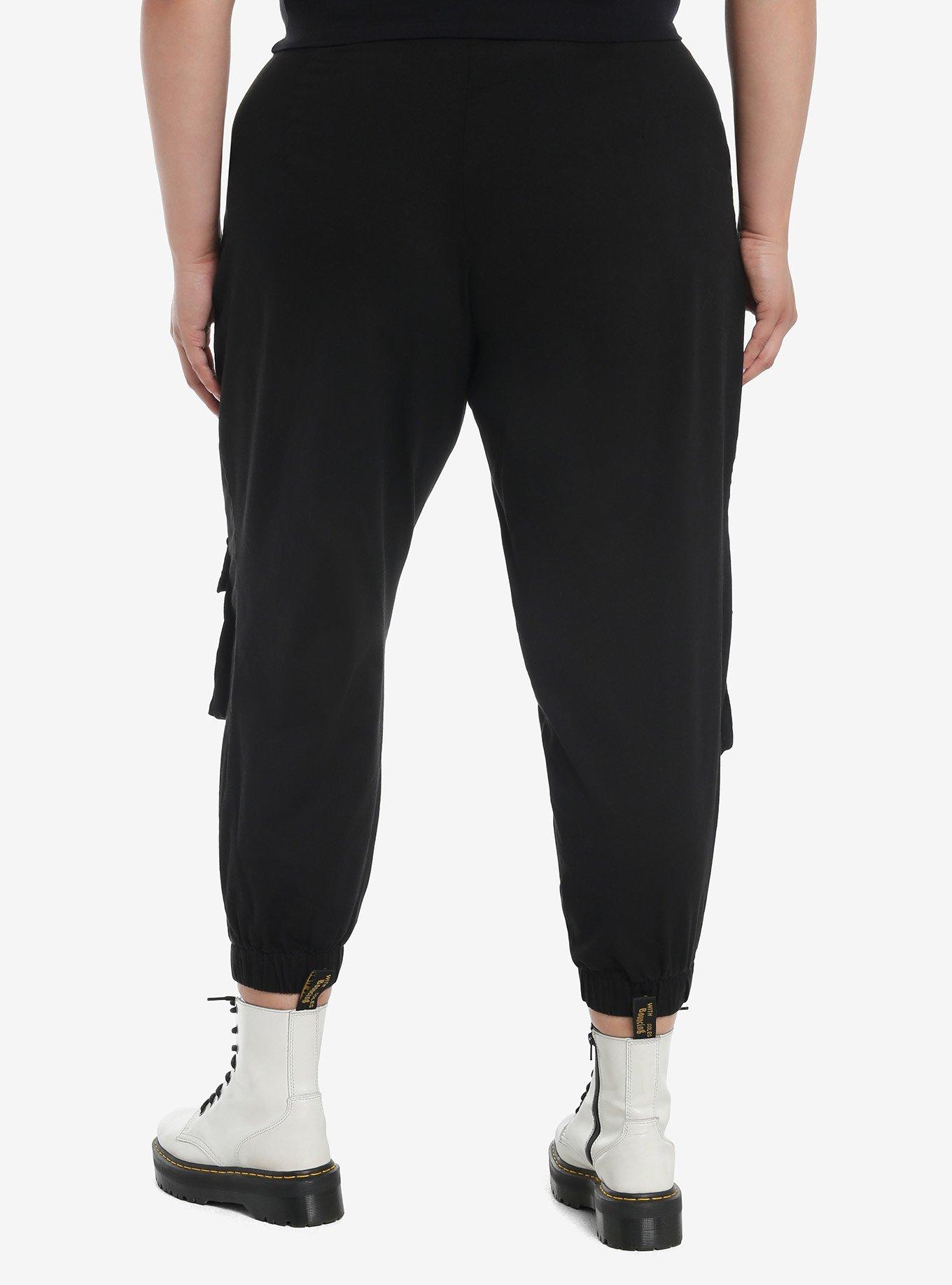 Black Zipper Grommet Cargo Jogger Pants Plus Size, , hi-res