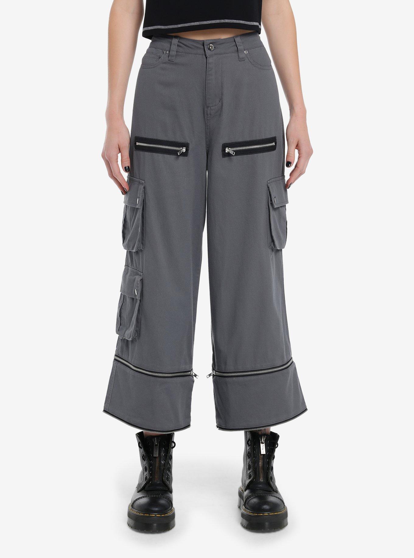 Grey Wide Leg Zip-Off Cargo Pants, BLACK, alternate
