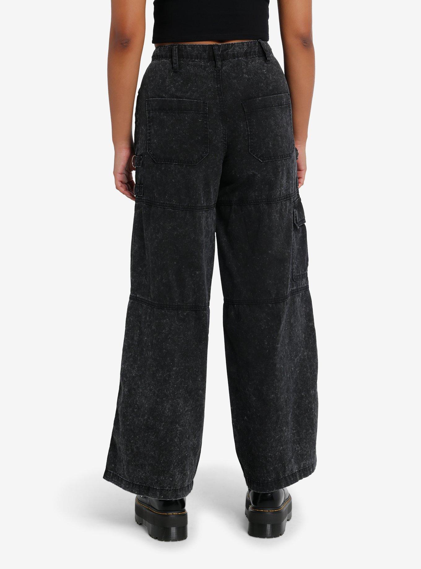 Black Acid Wash Hardware Zipper Wide Leg Jeans, , hi-res