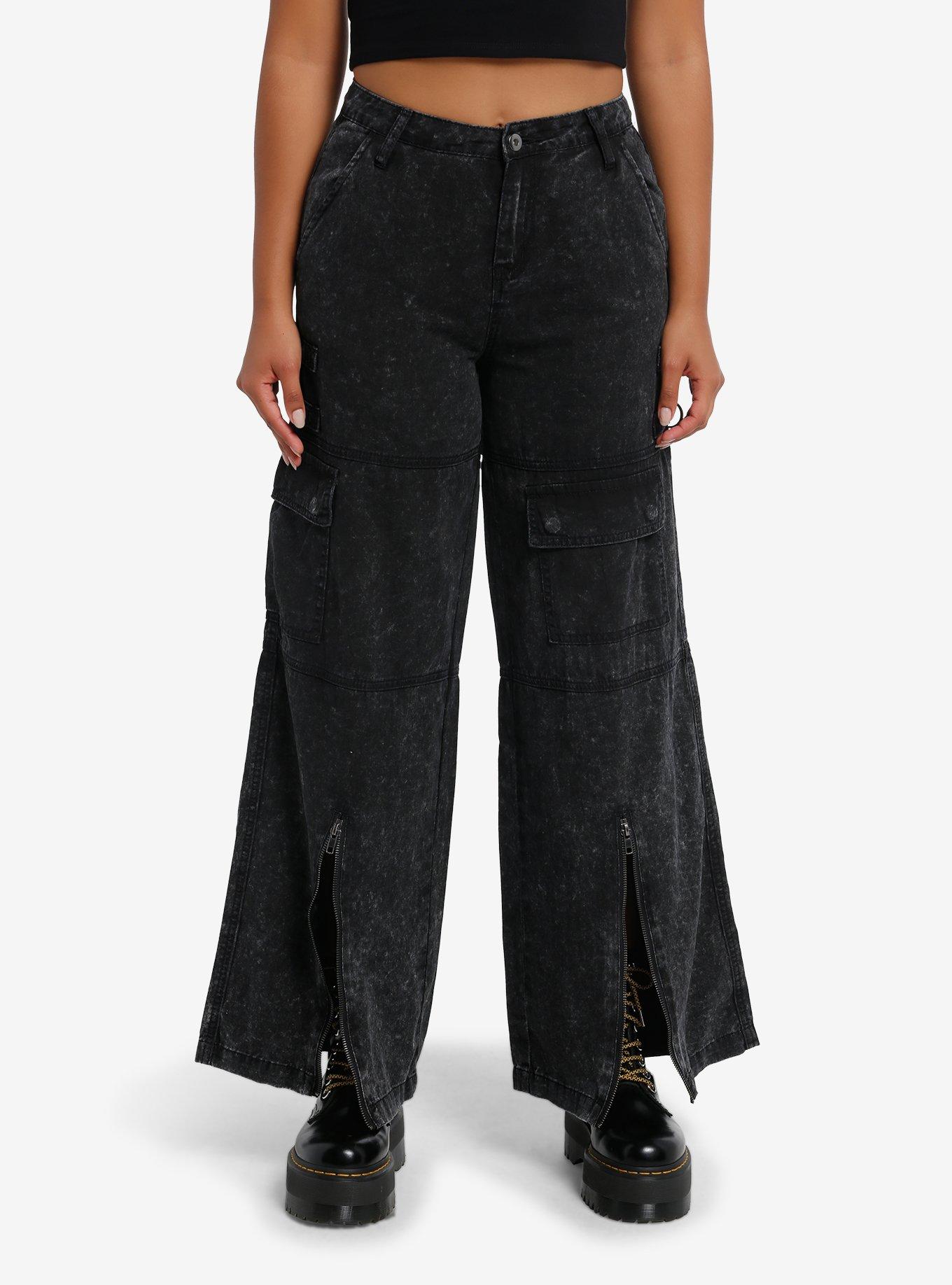 Black Acid Wash Hardware Zipper Wide Leg Jeans, BLACK, alternate