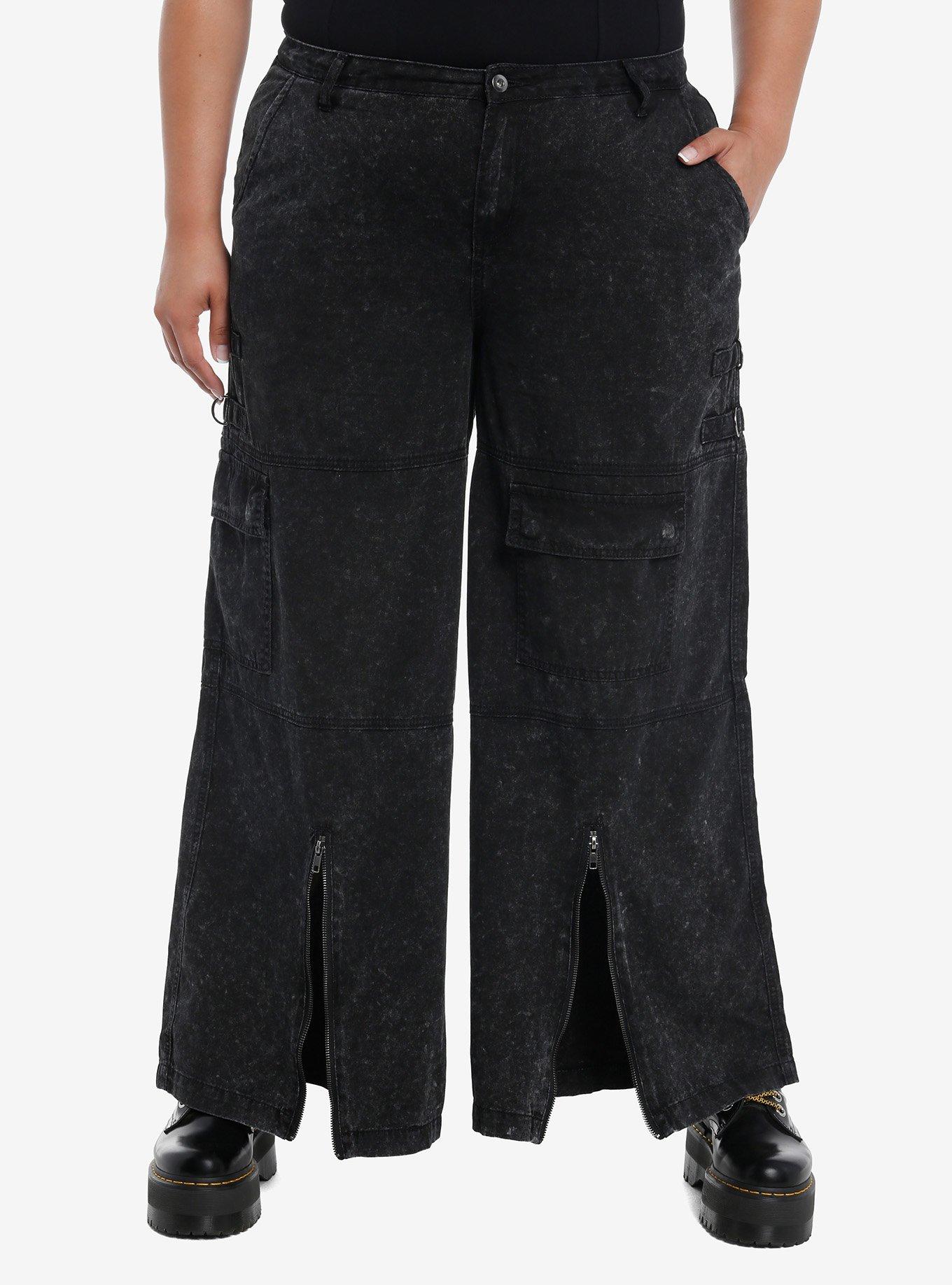 Black Acid Wash Hardware Zipper Wide Leg Jeans Plus Size, BLACK, alternate