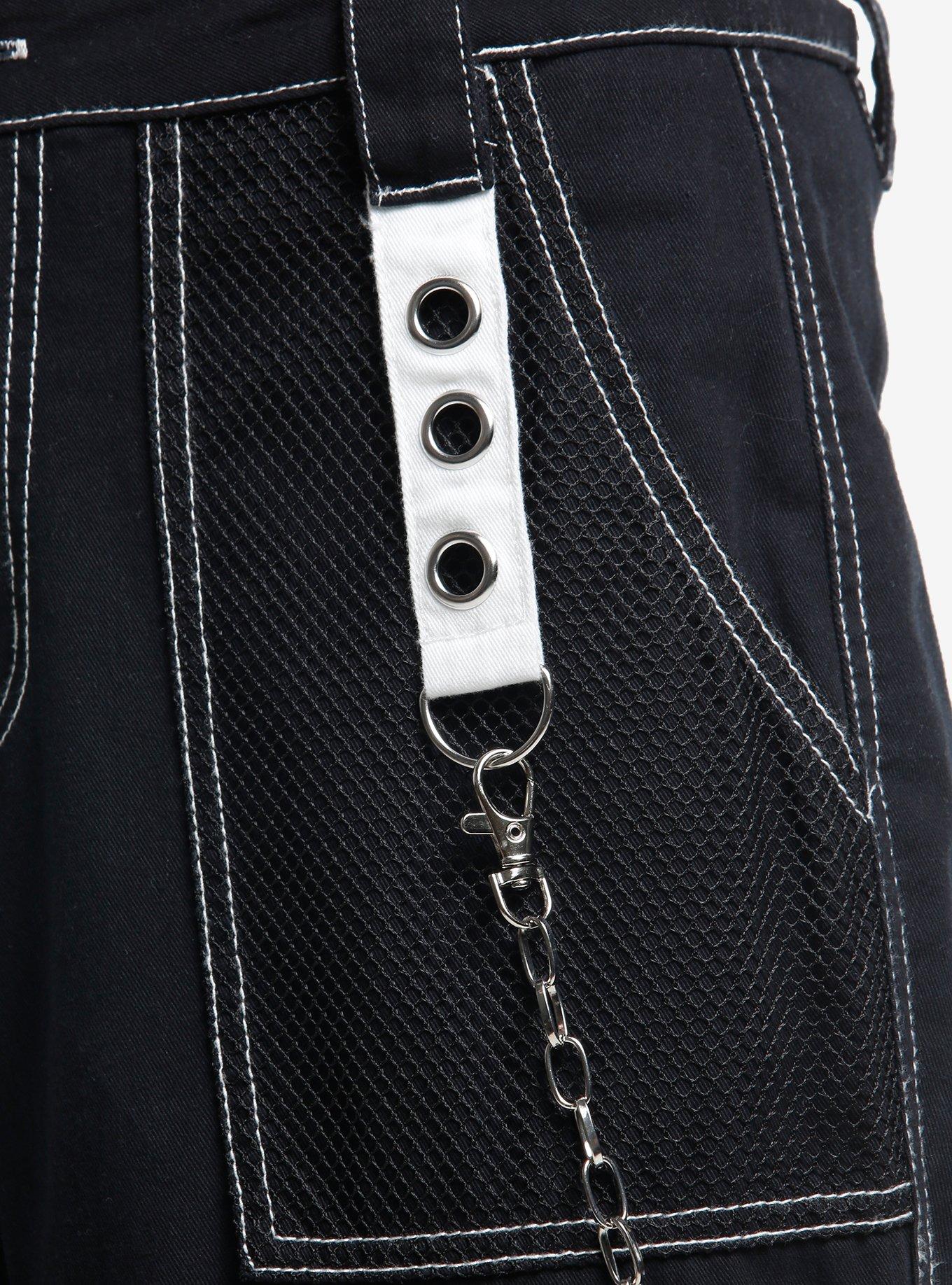 Black & White Grommet Suspender Chain Skater Pants, , alternate