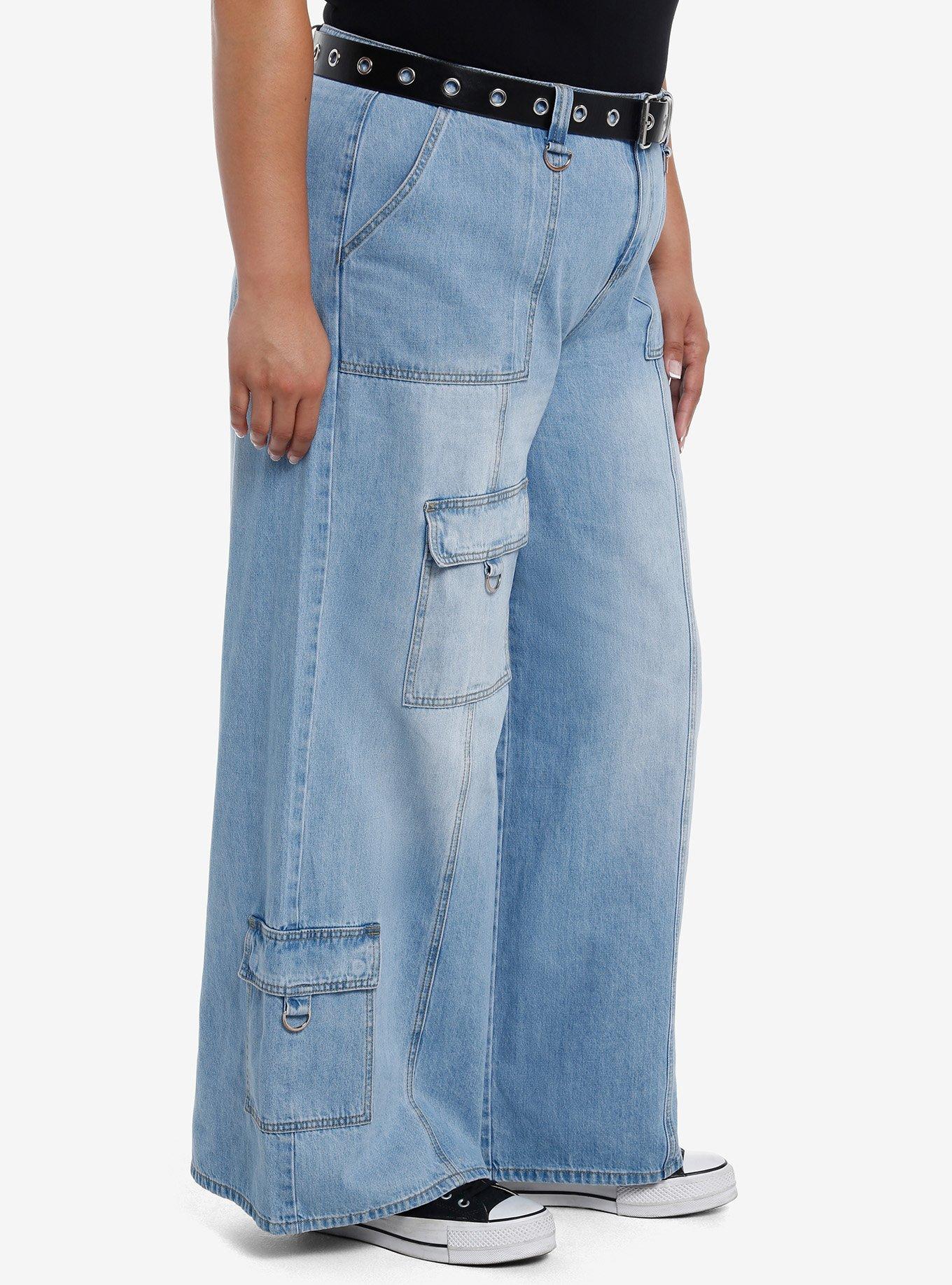 Grommet Belt Hardware Denim Cargo Pants Plus Size, BLUE, alternate