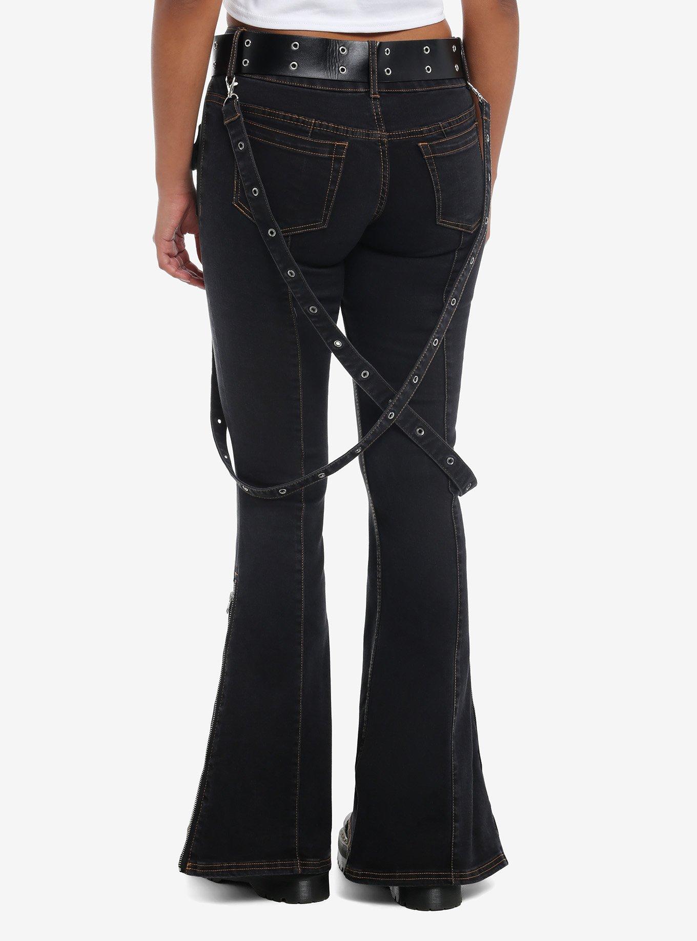 Dark Wash Grommet Suspender Flare Denim Pants With Belt, BLUE, alternate