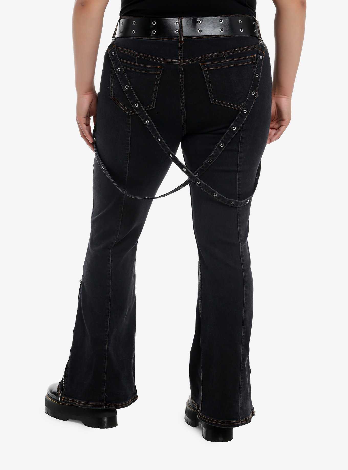 Dark Wash Grommet Suspender Flare Denim Pants With Belt Plus Size, , hi-res
