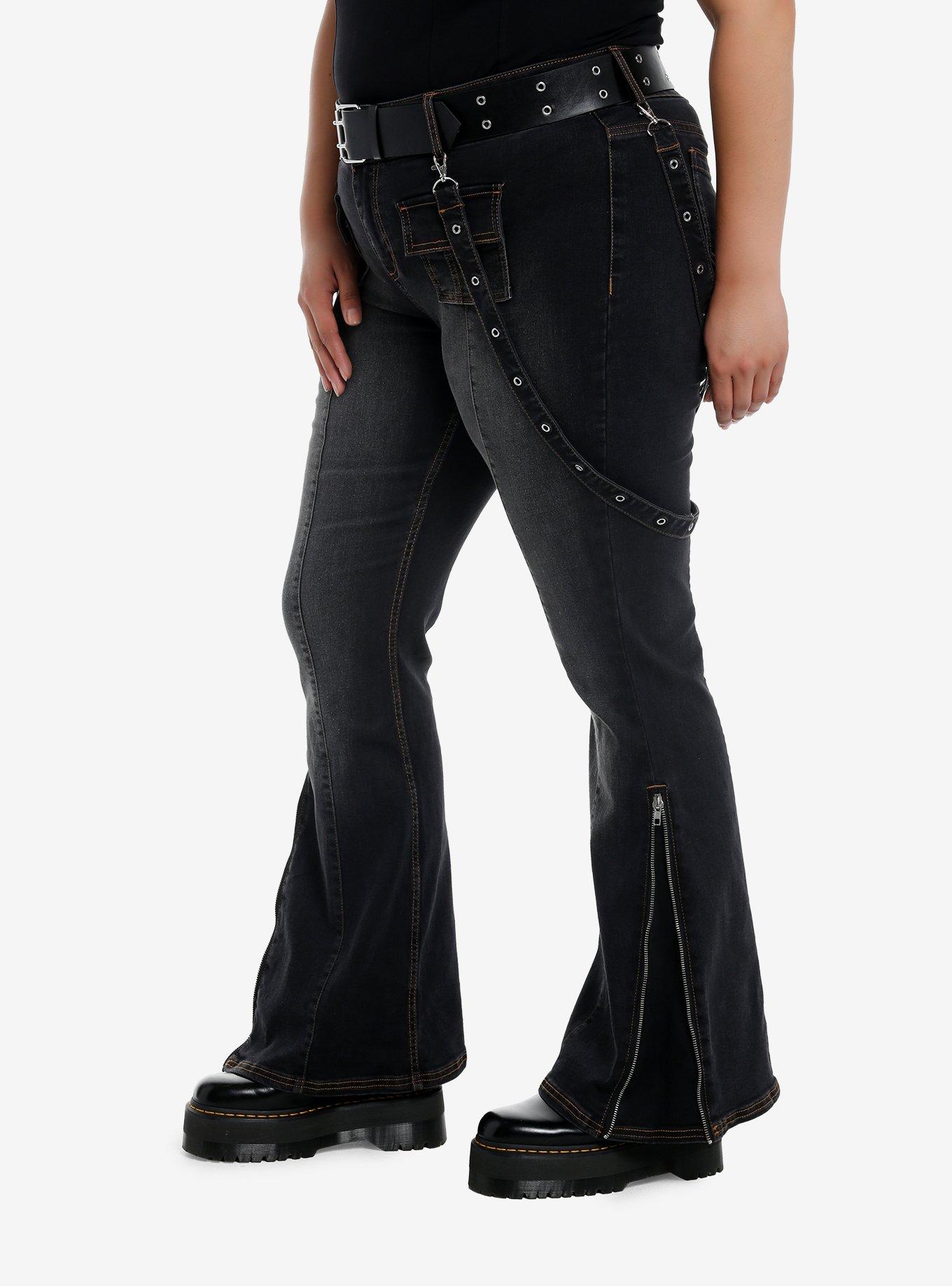 Dark Wash Grommet Suspender Flare Denim Pants With Belt Plus Size, BLUE, alternate