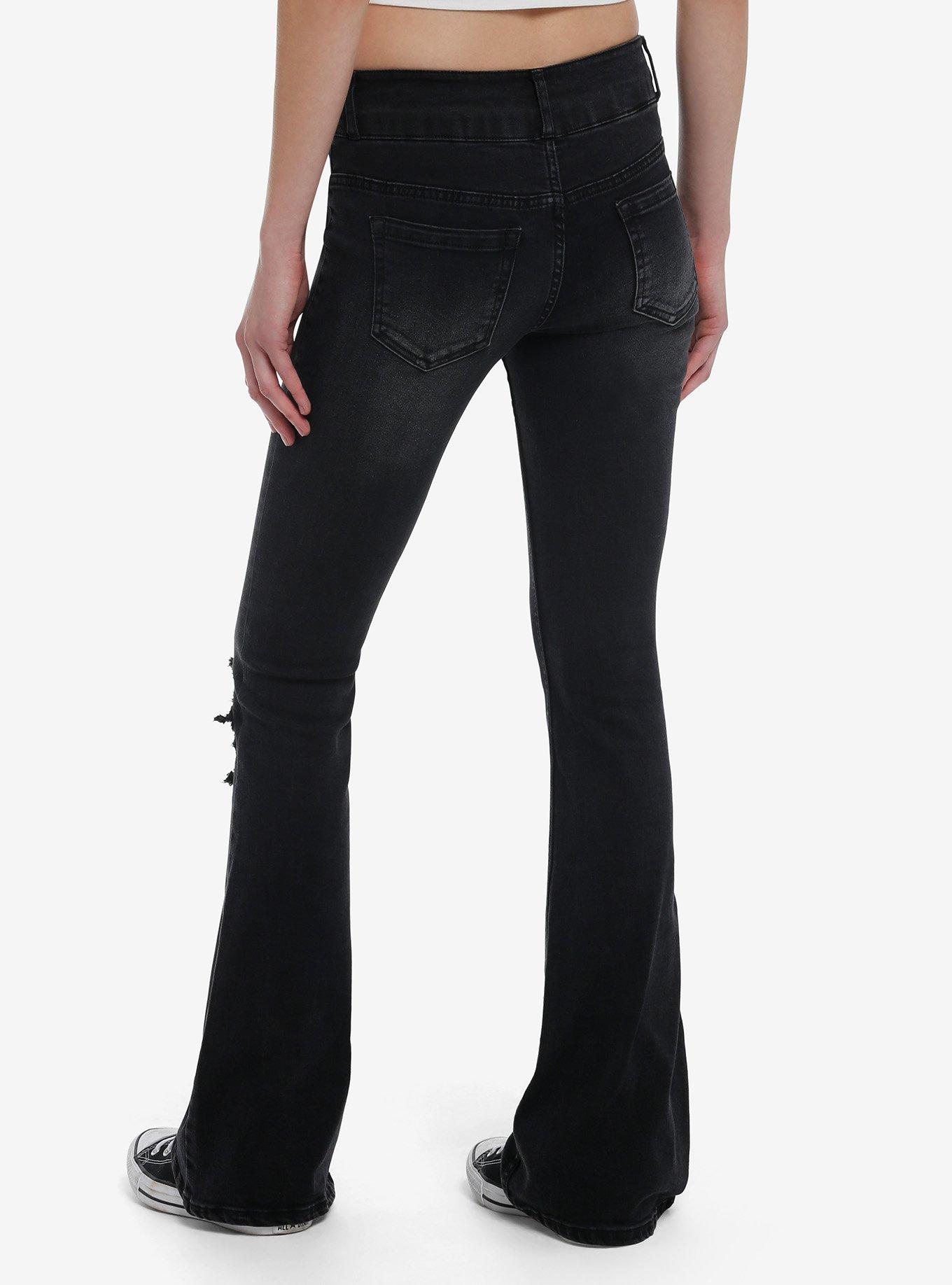 Black Frayed Star Patch Flare Denim Pants, , hi-res