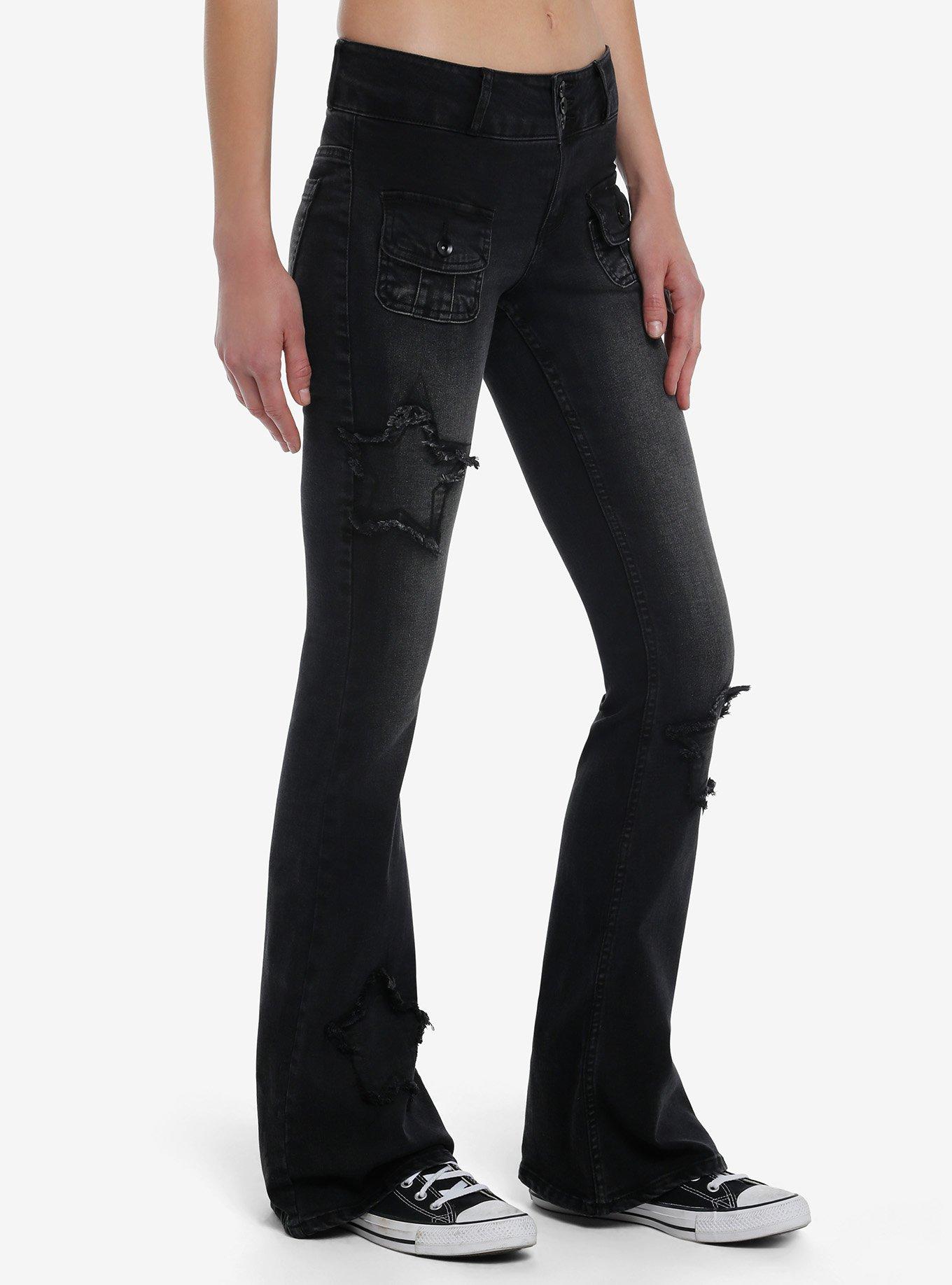 Black Frayed Star Patch Flare Denim Pants, BLUE, alternate