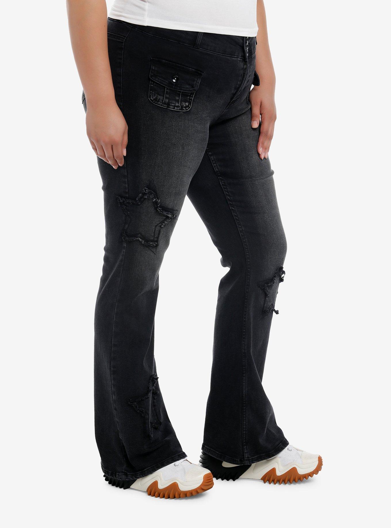 Black Frayed Star Patch Flare Denim Pants Plus Size, BLUE, alternate
