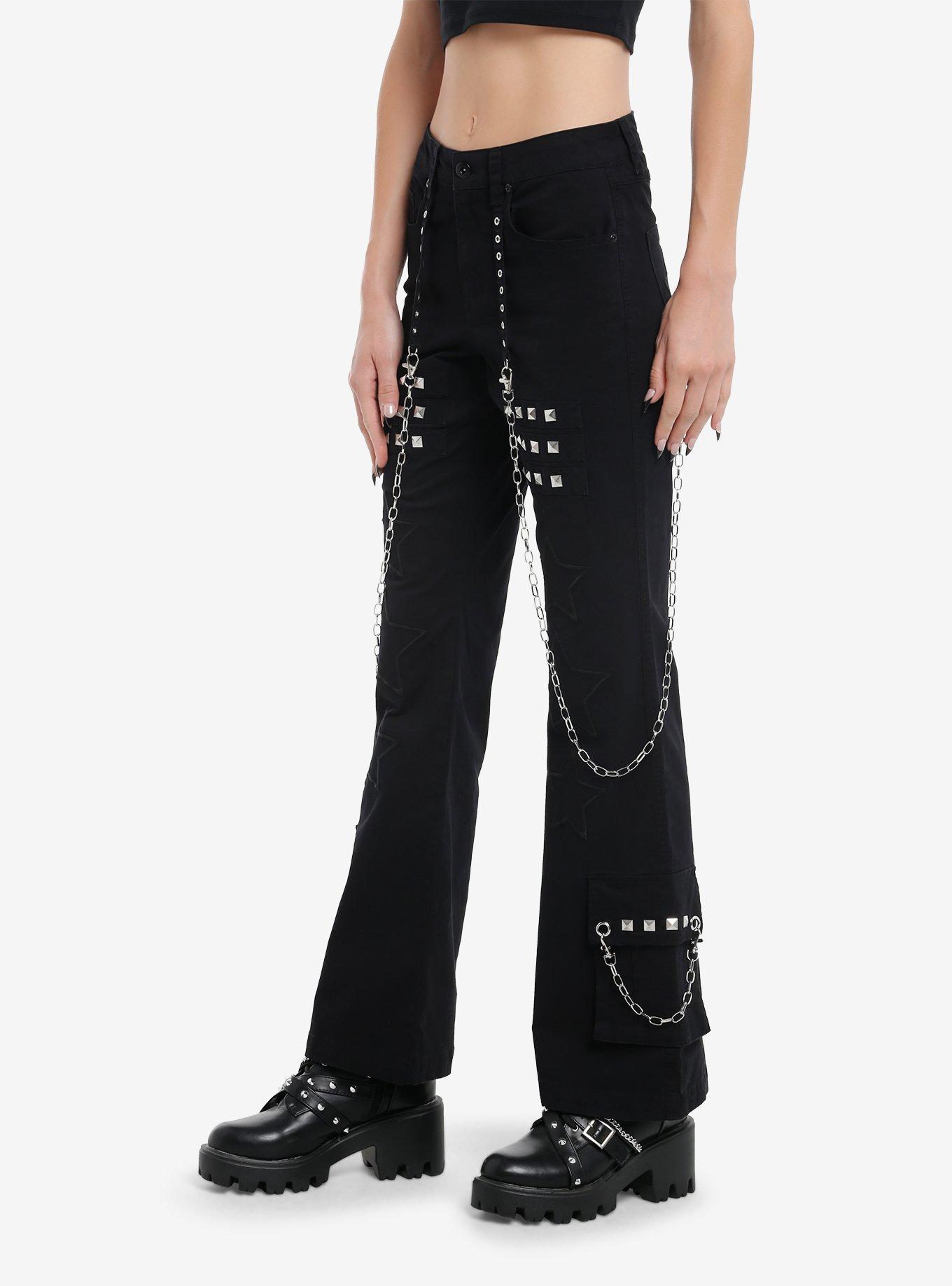Star Patch Studs Grommet Chain Pants, BLACK, alternate