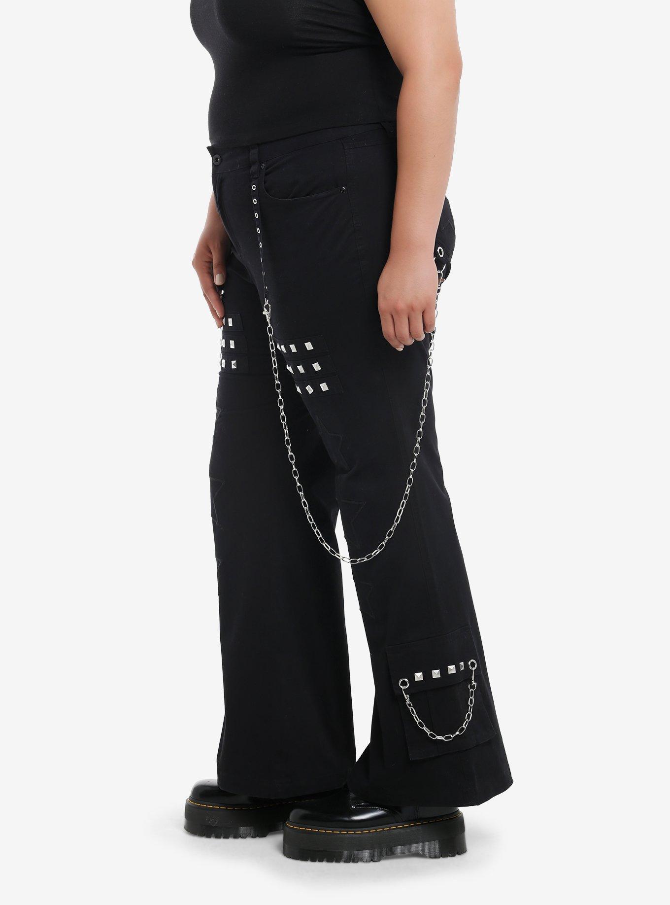 Star Patch Studs Grommet Chain Pants Plus Size, BLACK, alternate