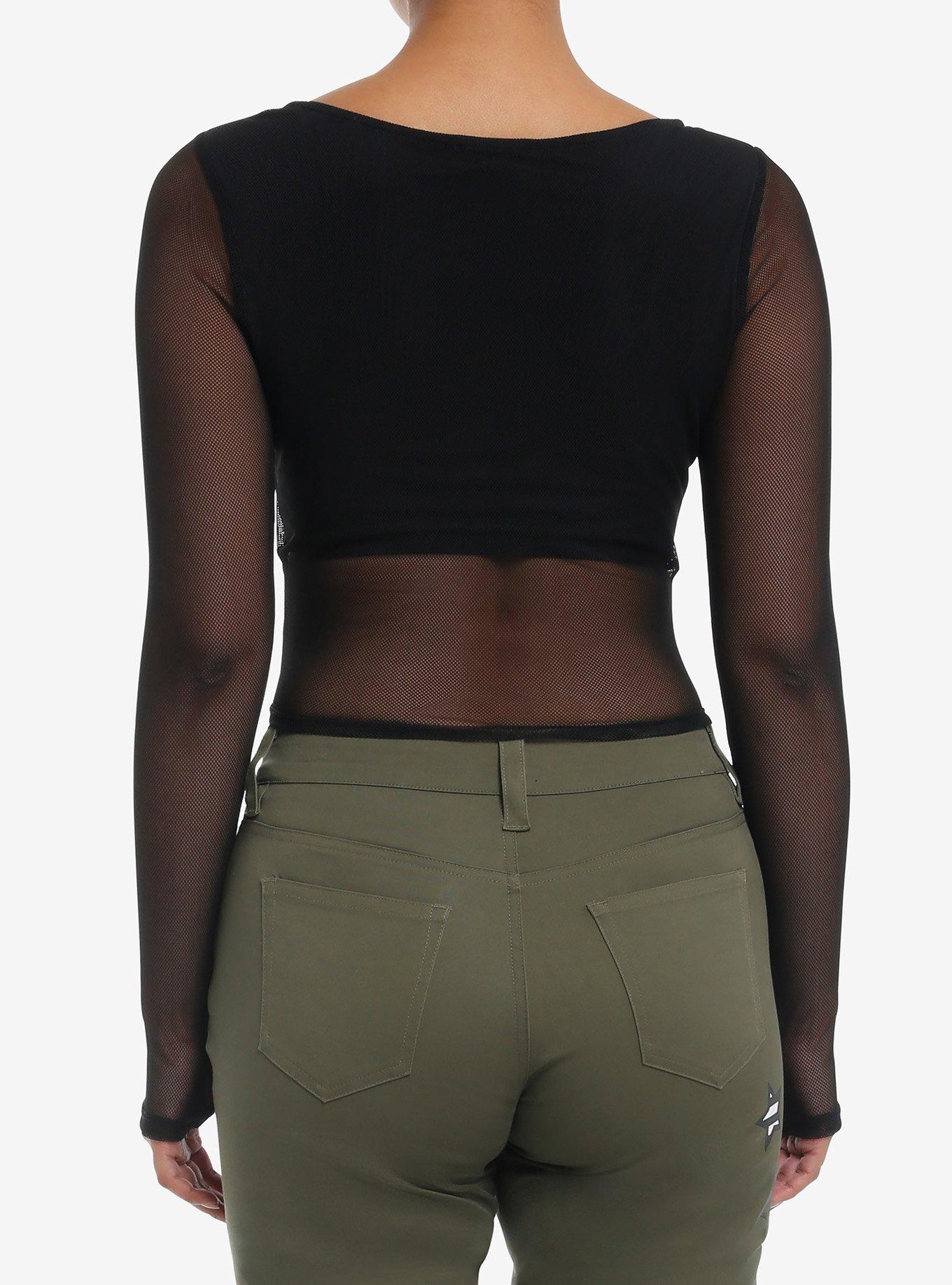 Social Collision Black Mesh Cinch Girls Crop Long-Sleeve Top, BLACK, alternate