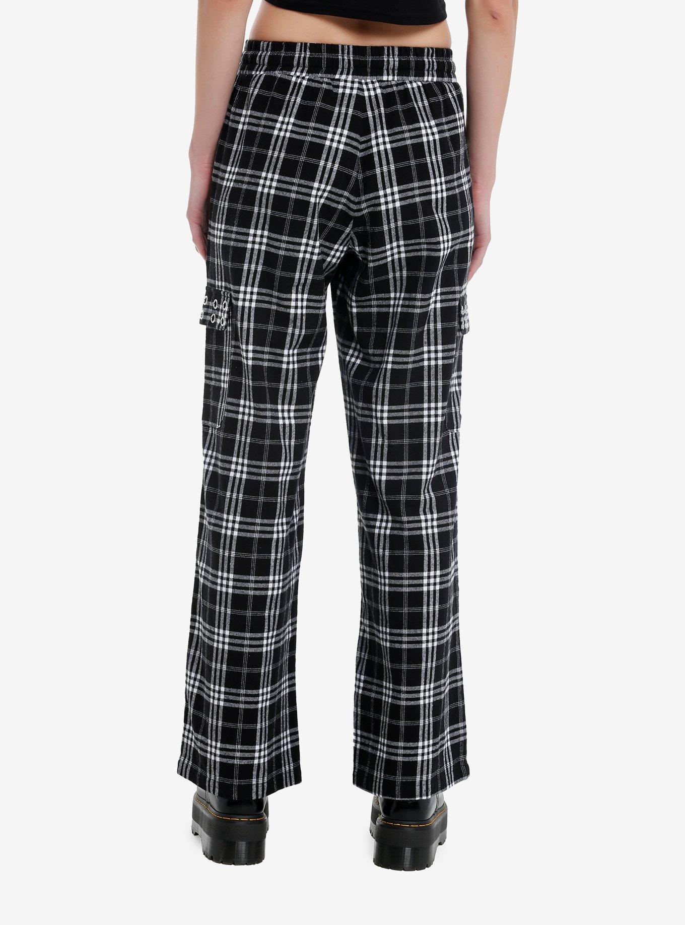 Black & White Flannel Grommet Cargo Pocket Lounge Pants, BLACK, alternate