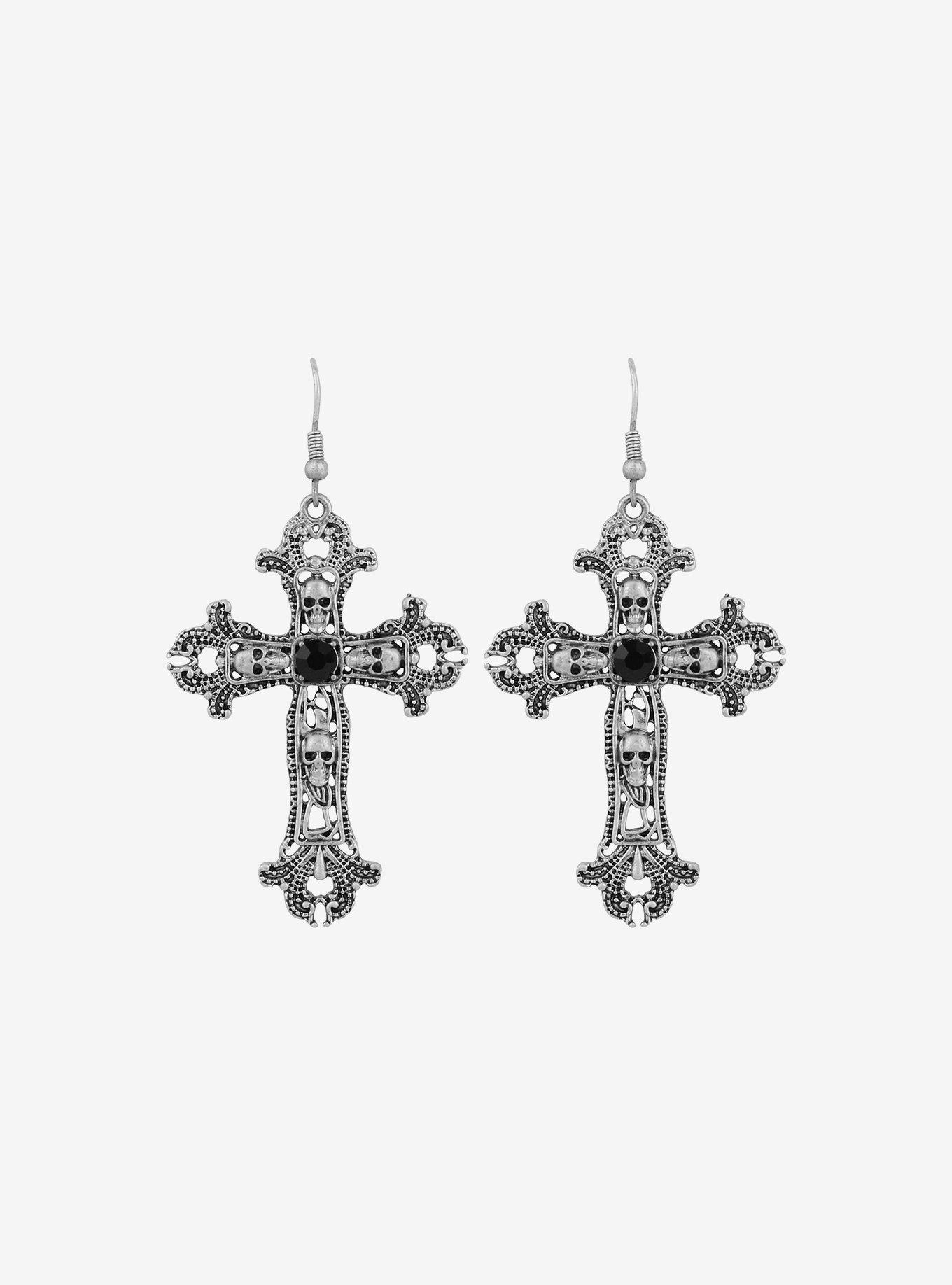 Social Collision Statement Skull Cross Earrings, , alternate