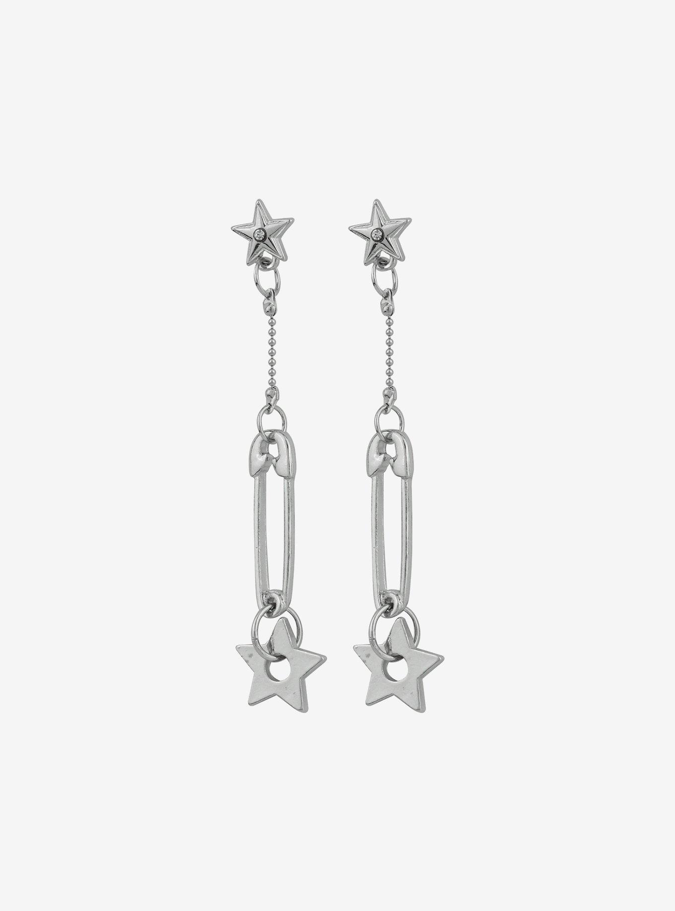 Social Collision Star Safety Pin Drop Earrings, , hi-res