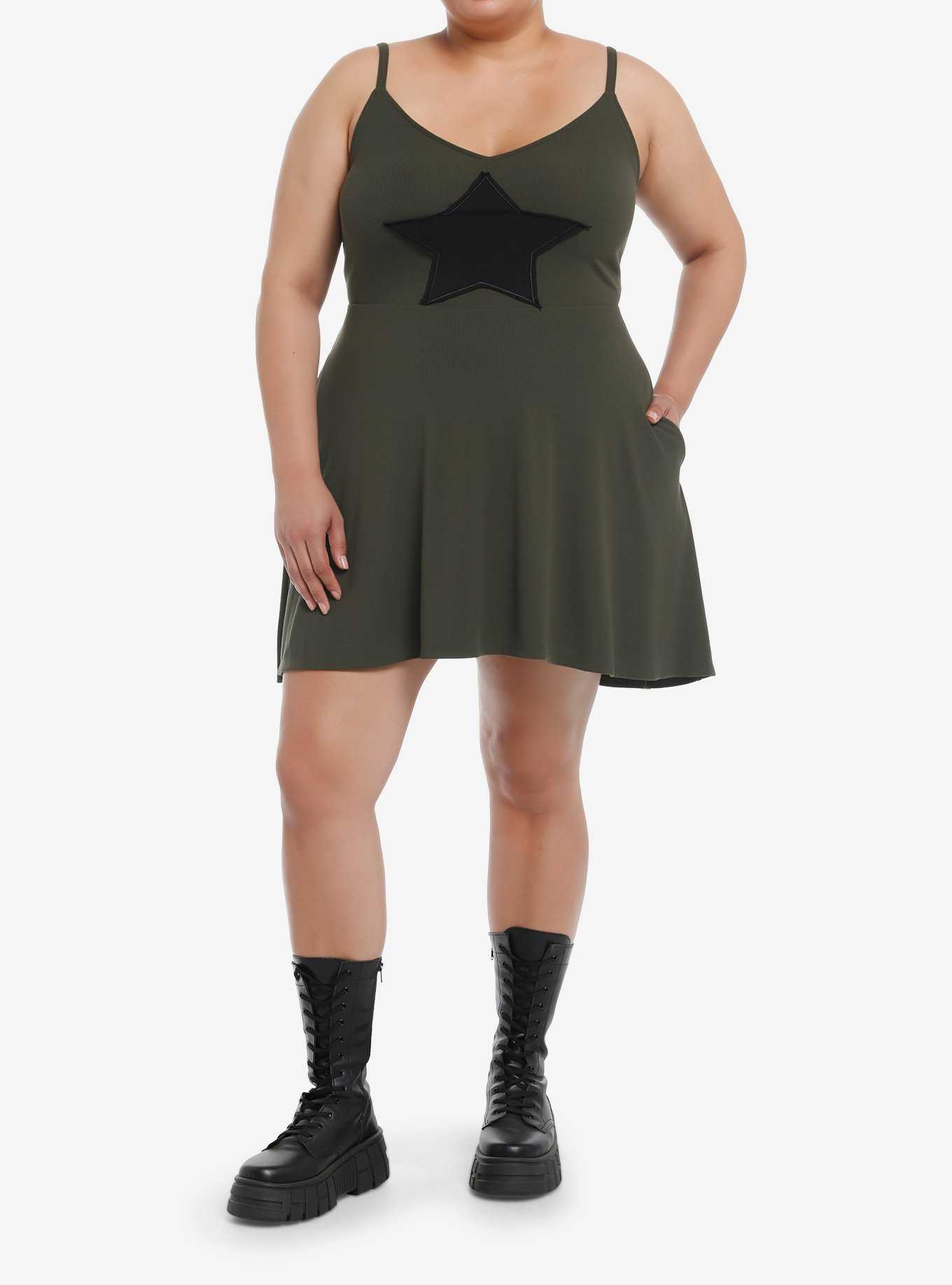 Social Collision Black Star Patch Cami Dress Plus Size, , hi-res