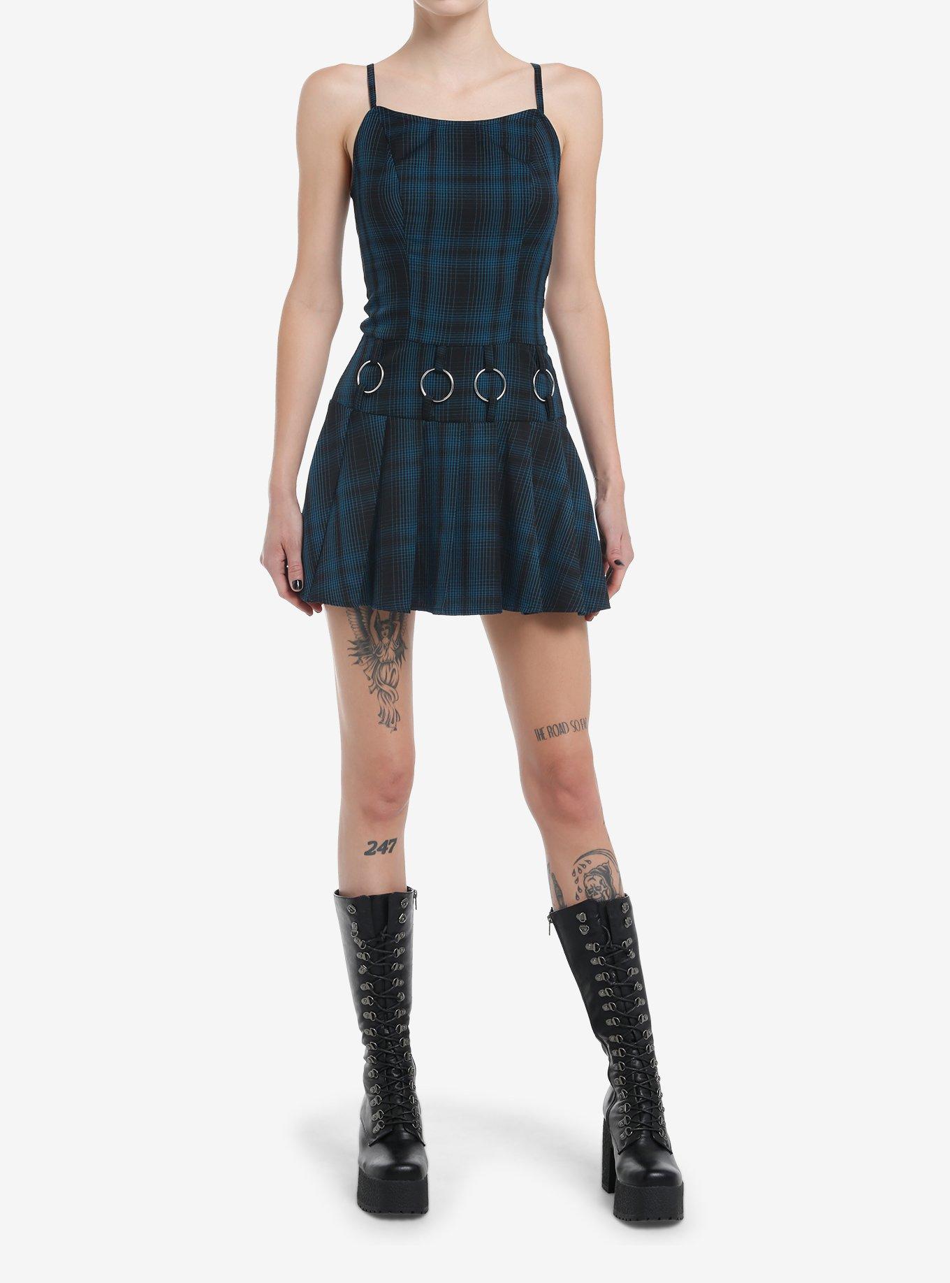 Social Collision Blue Plaid Hardware Dress, BLACK, alternate