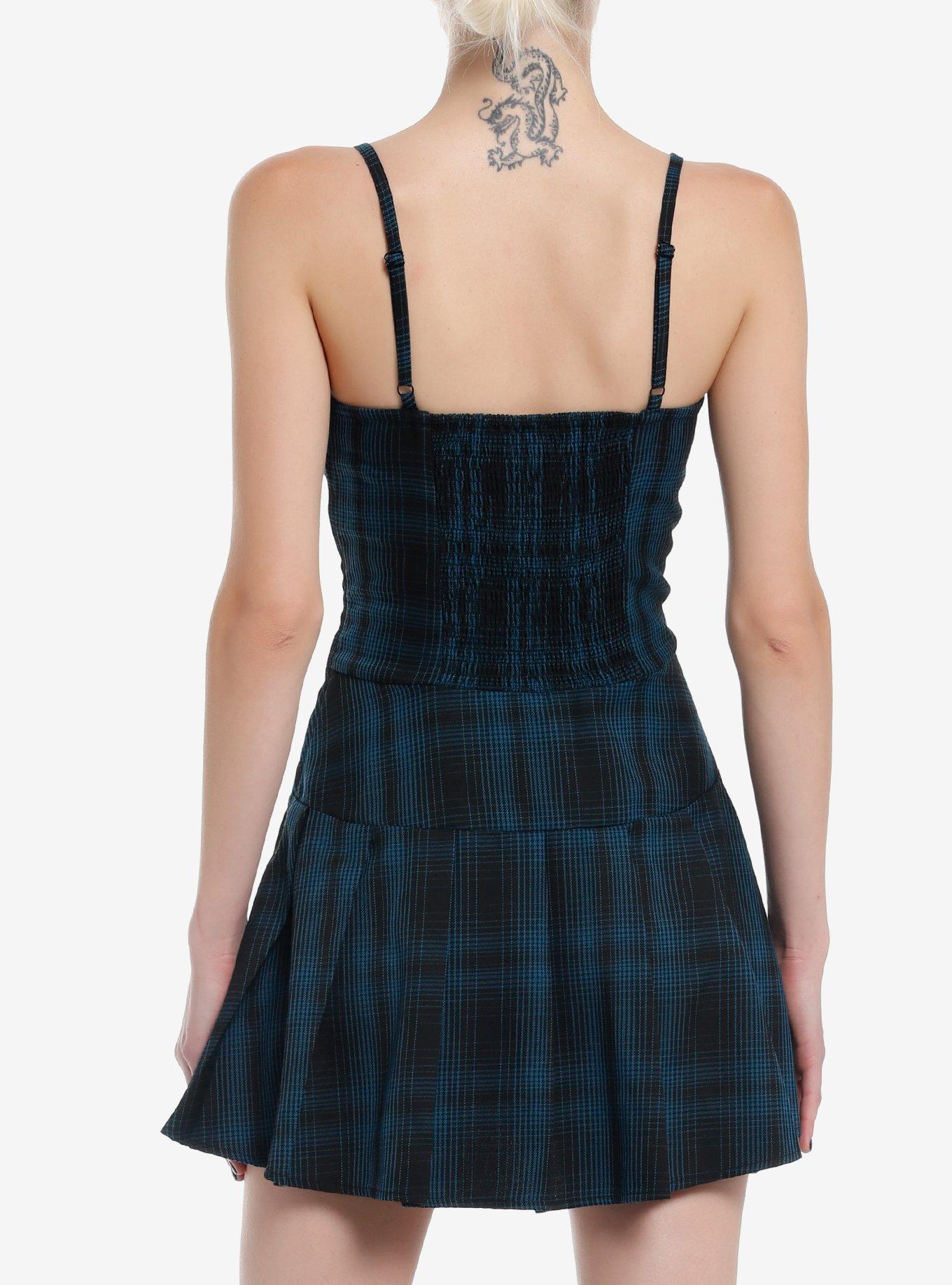 Social Collision Blue Plaid Hardware Dress, BLACK, alternate